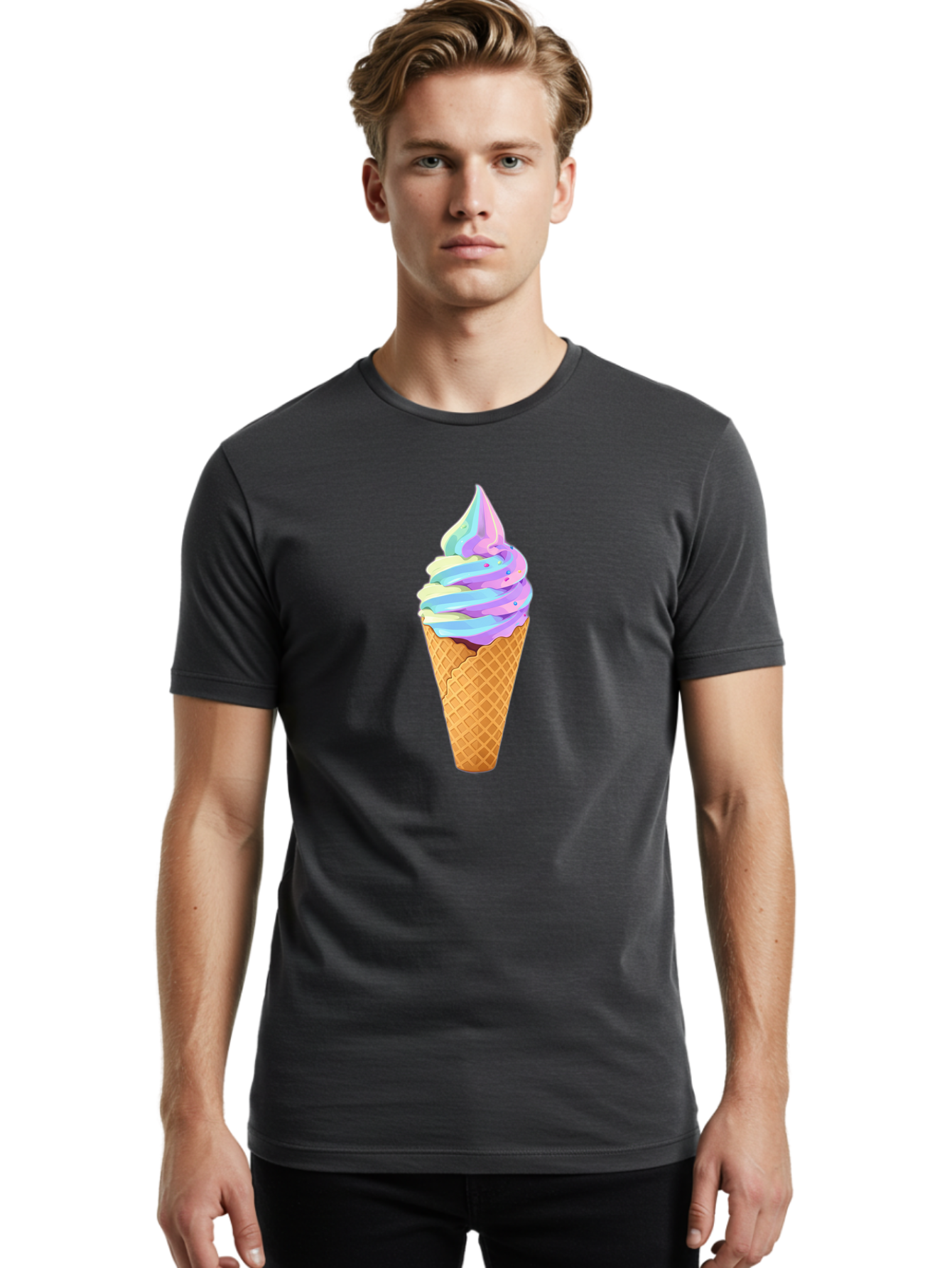 Ice-Cream-Cone-17 Men'S Graphic Tee, 100% Cotton, Comfortable Casual Summer Wear, Machine Washable, Soft Serve Ice Cream, Pastel Colors, Sprinkles, Waffle Cone, Sweet Treats, Dessert, Colorful, Summer Vibes Baa862