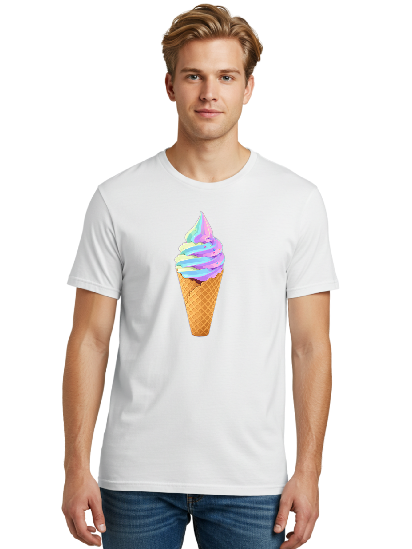 Ice-Cream-Cone-17 Men'S Graphic Tee, 100% Cotton, Comfortable Casual Summer Wear, Machine Washable, Soft Serve Ice Cream, Pastel Colors, Sprinkles, Waffle Cone, Sweet Treats, Dessert, Colorful, Summer Vibes Baa862