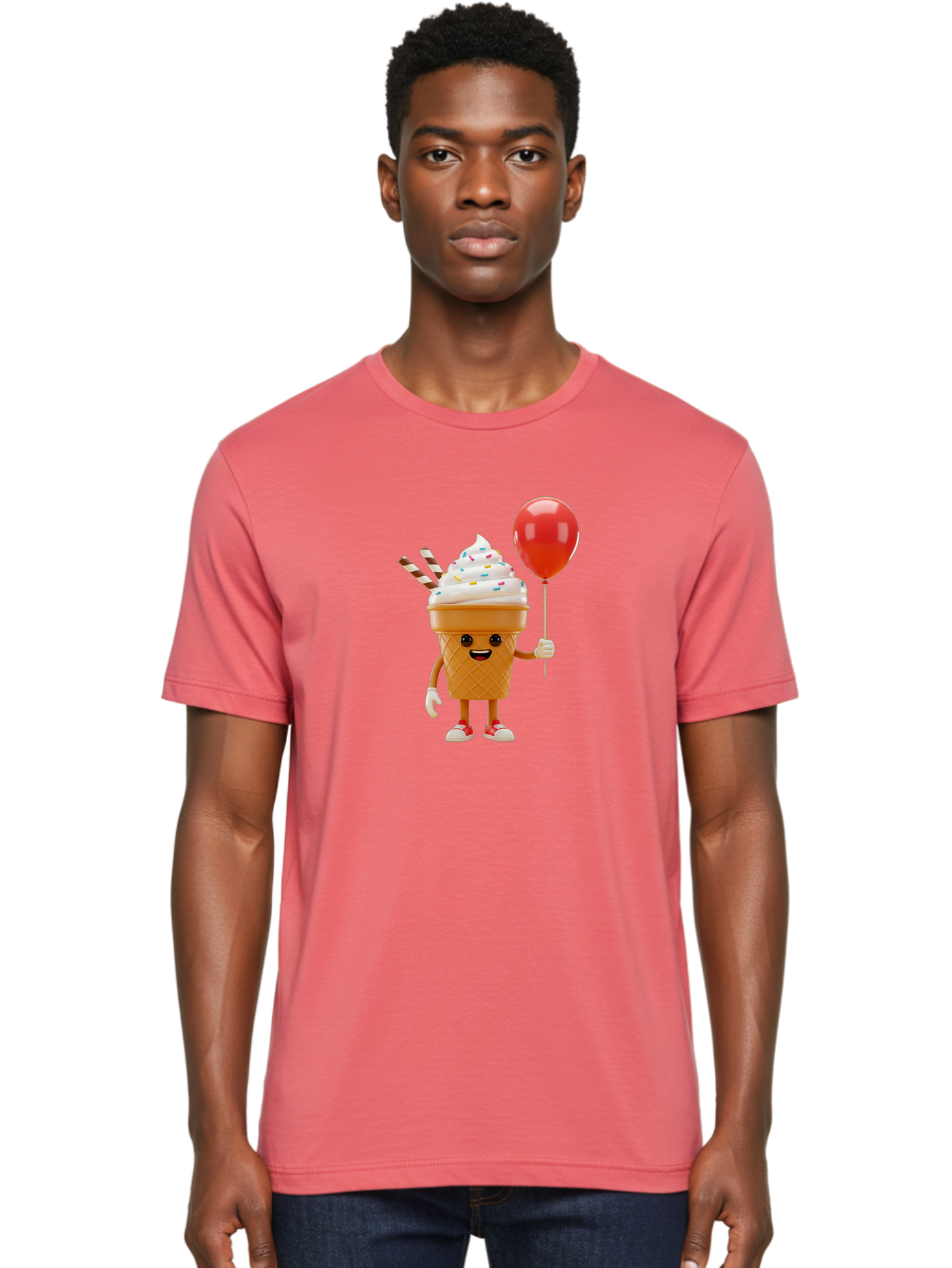 Ice-Cream-Cone-2 Men'S Graphic Tee, 100% Cotton, Comfortable Casual Summer Wear, Machine Washable, Ice Cream Cone With Face, Cartoon Character, Whipped Cream, Sprinkles, Red Balloon, Party Theme, Funny Illustration, Colorful Dessert, Baa863