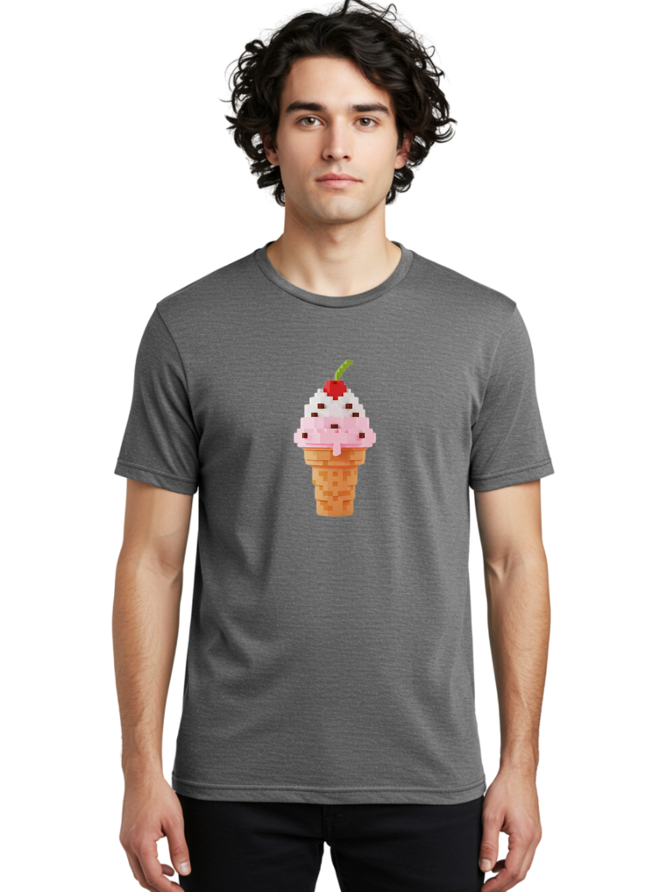 Ice-Cream-Cone-3 Men'S Graphic Tee, 100% Cotton, Comfortable Casual Summer Wear, Machine Washable, Pixel Art Ice Cream, Strawberry Ice Cream Cone, Chocolate Chips, Melting Ice Cream, Pixelated Dessert, Sweet Treat, Digital Art, Pixel Graphics, Baa864