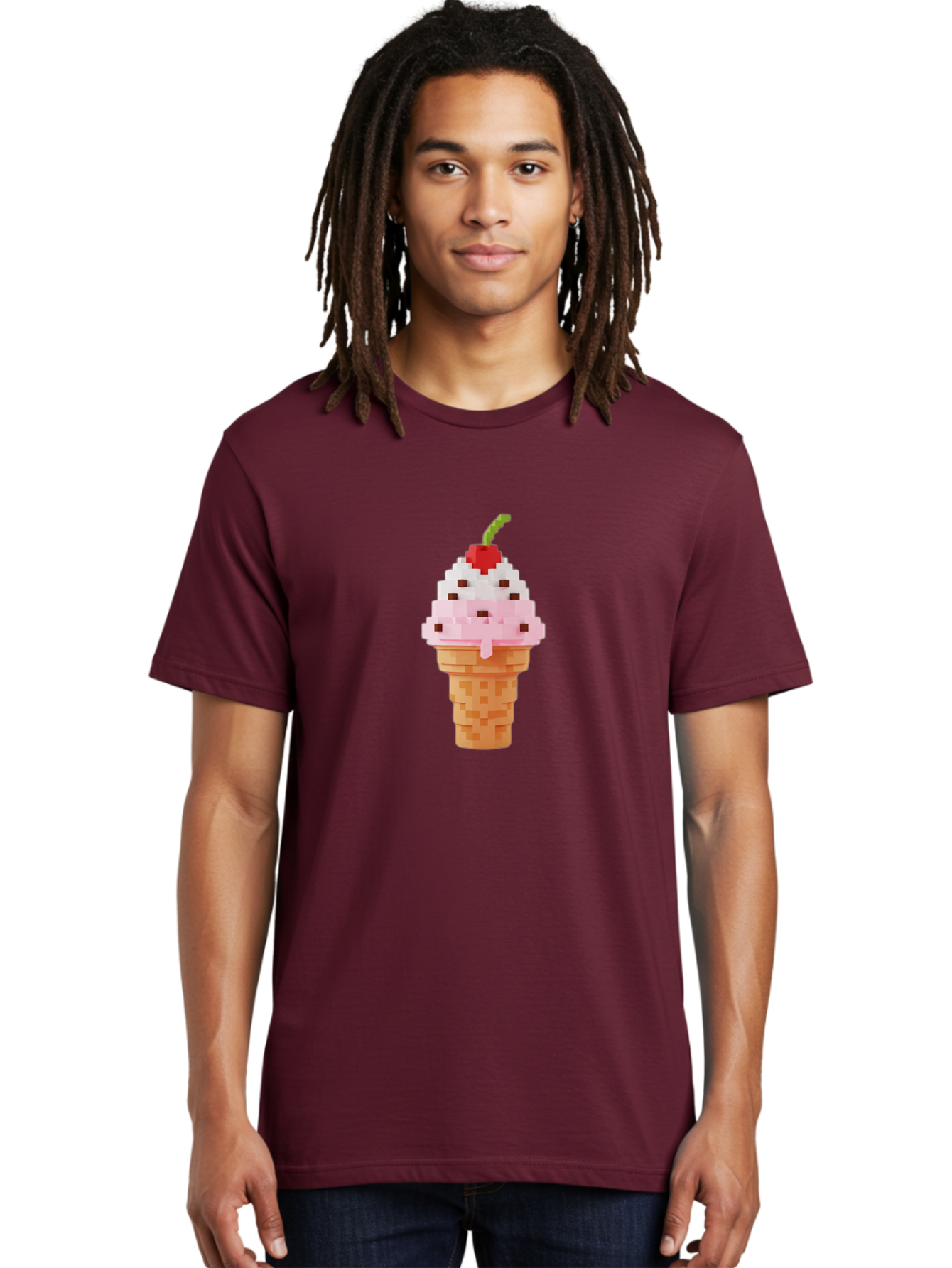 Ice-Cream-Cone-3 Men'S Graphic Tee, 100% Cotton, Comfortable Casual Summer Wear, Machine Washable, Pixel Art Ice Cream, Strawberry Ice Cream Cone, Chocolate Chips, Melting Ice Cream, Pixelated Dessert, Sweet Treat, Digital Art, Pixel Graphics, Baa864