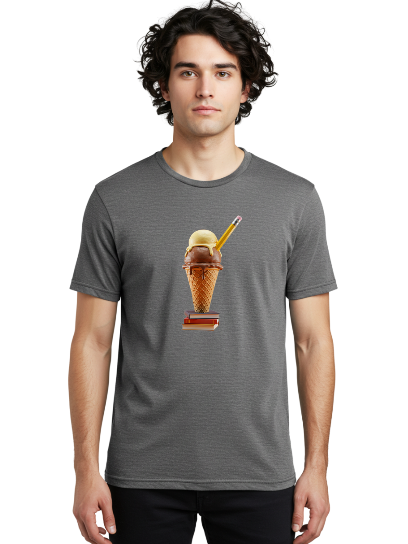 Ice-Cream-Cone-5 Men'S Graphic Tee, 100% Cotton, Comfortable Casual Summer Wear, Machine Washable, Ice Cream Cone With Melting Ice Cream, Chocolate And Vanilla Flavors, Waffle Cone, Pencil Stuck In The Ice Cream, Stack Of Books, Baa866