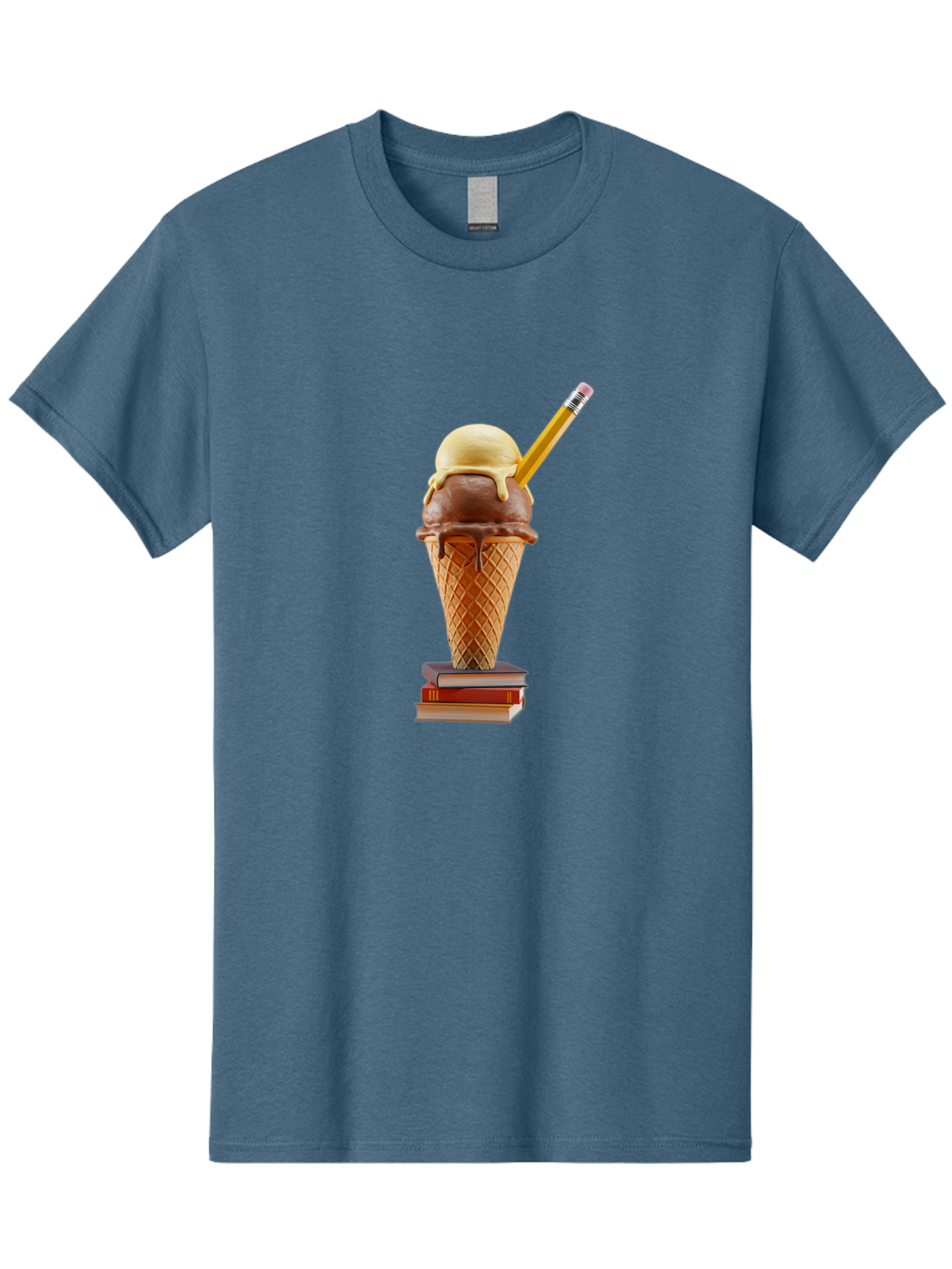 Ice-Cream-Cone-5 Men'S Graphic Tee, 100% Cotton, Comfortable Casual Summer Wear, Machine Washable, Ice Cream Cone With Melting Ice Cream, Chocolate And Vanilla Flavors, Waffle Cone, Pencil Stuck In The Ice Cream, Stack Of Books, Baa866