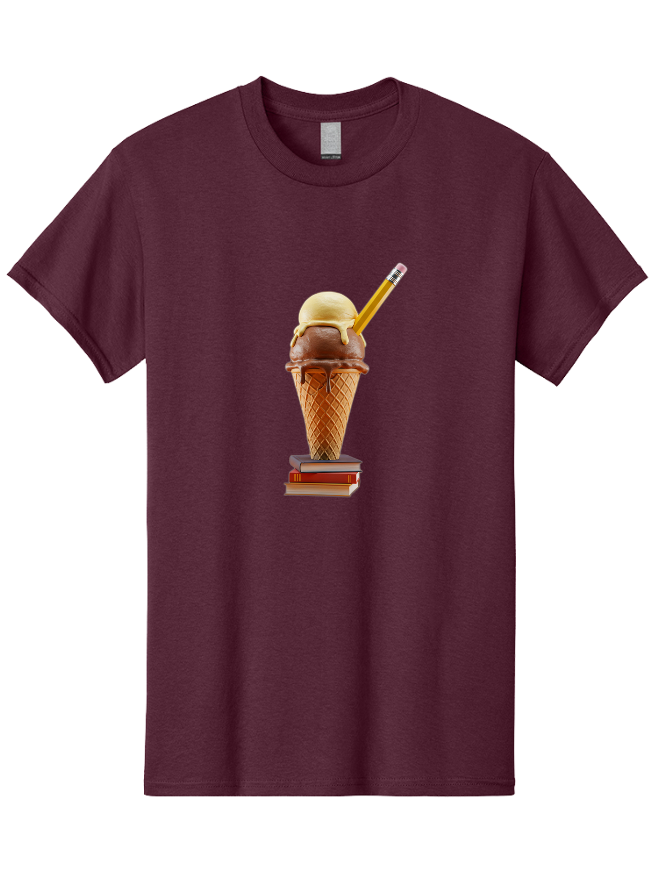 Ice-Cream-Cone-5 Men'S Graphic Tee, 100% Cotton, Comfortable Casual Summer Wear, Machine Washable, Ice Cream Cone With Melting Ice Cream, Chocolate And Vanilla Flavors, Waffle Cone, Pencil Stuck In The Ice Cream, Stack Of Books, Baa866