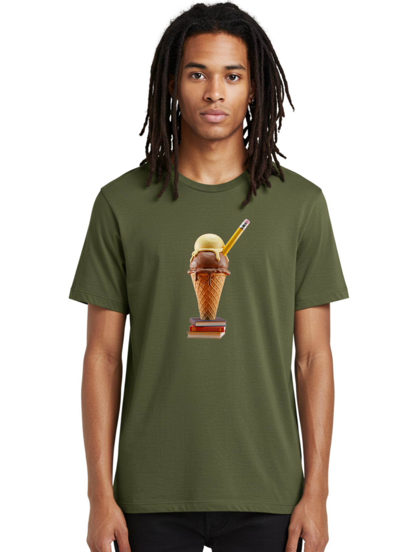 Ice-Cream-Cone-5 Men'S Graphic Tee, 100% Cotton, Comfortable Casual Summer Wear, Machine Washable, Ice Cream Cone With Melting Ice Cream, Chocolate And Vanilla Flavors, Waffle Cone, Pencil Stuck In The Ice Cream, Stack Of Books, Baa866