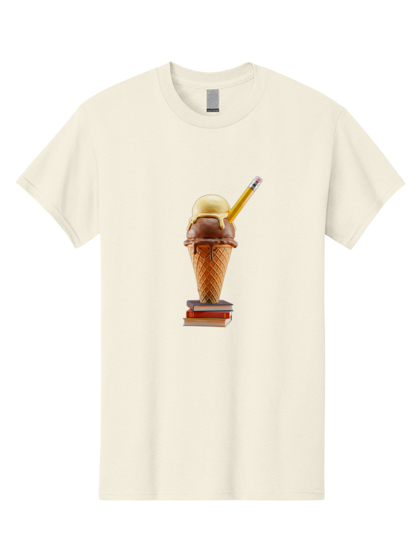 Ice-Cream-Cone-5 Men'S Graphic Tee, 100% Cotton, Comfortable Casual Summer Wear, Machine Washable, Ice Cream Cone With Melting Ice Cream, Chocolate And Vanilla Flavors, Waffle Cone, Pencil Stuck In The Ice Cream, Stack Of Books, Baa866