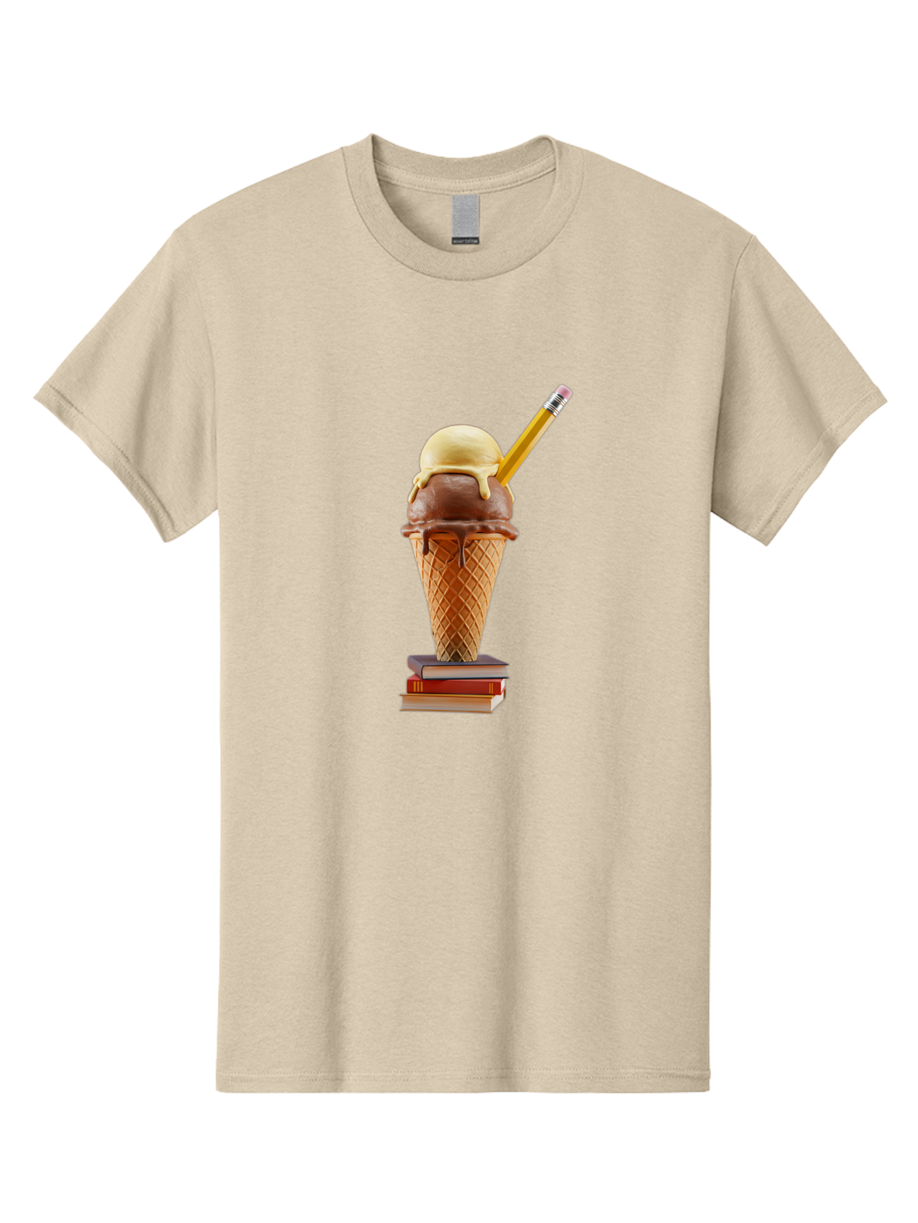 Ice-Cream-Cone-5 Men'S Graphic Tee, 100% Cotton, Comfortable Casual Summer Wear, Machine Washable, Ice Cream Cone With Melting Ice Cream, Chocolate And Vanilla Flavors, Waffle Cone, Pencil Stuck In The Ice Cream, Stack Of Books, Baa866