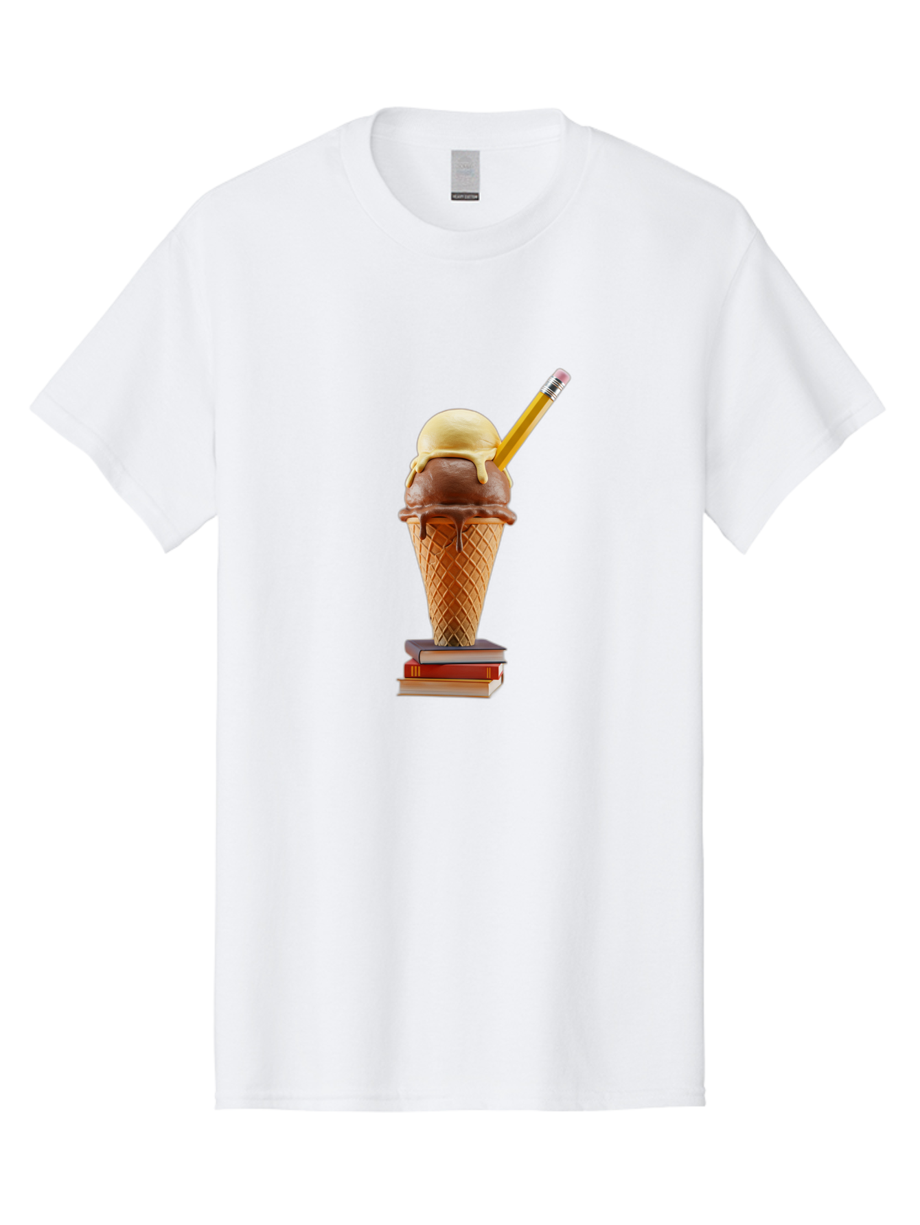 Ice-Cream-Cone-5 Men'S Graphic Tee, 100% Cotton, Comfortable Casual Summer Wear, Machine Washable, Ice Cream Cone With Melting Ice Cream, Chocolate And Vanilla Flavors, Waffle Cone, Pencil Stuck In The Ice Cream, Stack Of Books, Baa866