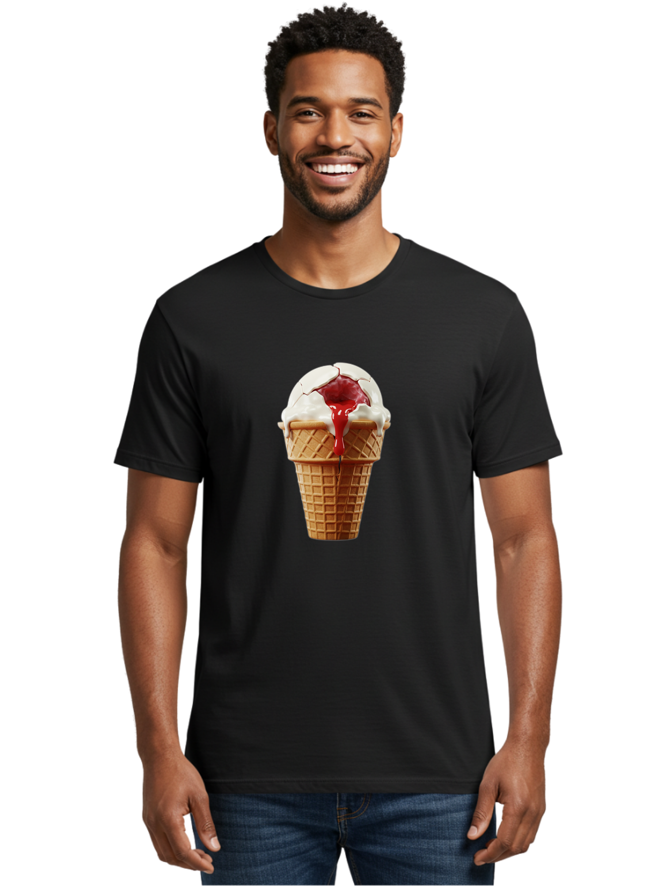 Ice-Cream-Cone-6 Men'S Graphic Tee, 100% Cotton, Comfortable Casual Summer Wear, Machine Washable, Decaying Ice Cream Cone, Cracked Ice Cream, Melting Ice Cream, Red Sauce, White Chocolate, Dessert, Sweet Treats, Yummy, Melting, Dripping, Baa867