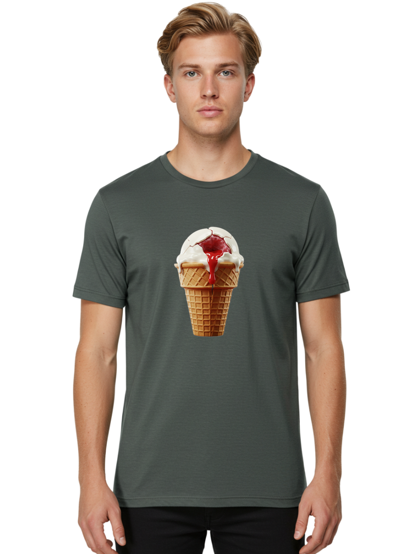 Ice-Cream-Cone-6 Men'S Graphic Tee, 100% Cotton, Comfortable Casual Summer Wear, Machine Washable, Decaying Ice Cream Cone, Cracked Ice Cream, Melting Ice Cream, Red Sauce, White Chocolate, Dessert, Sweet Treats, Yummy, Melting, Dripping, Baa867
