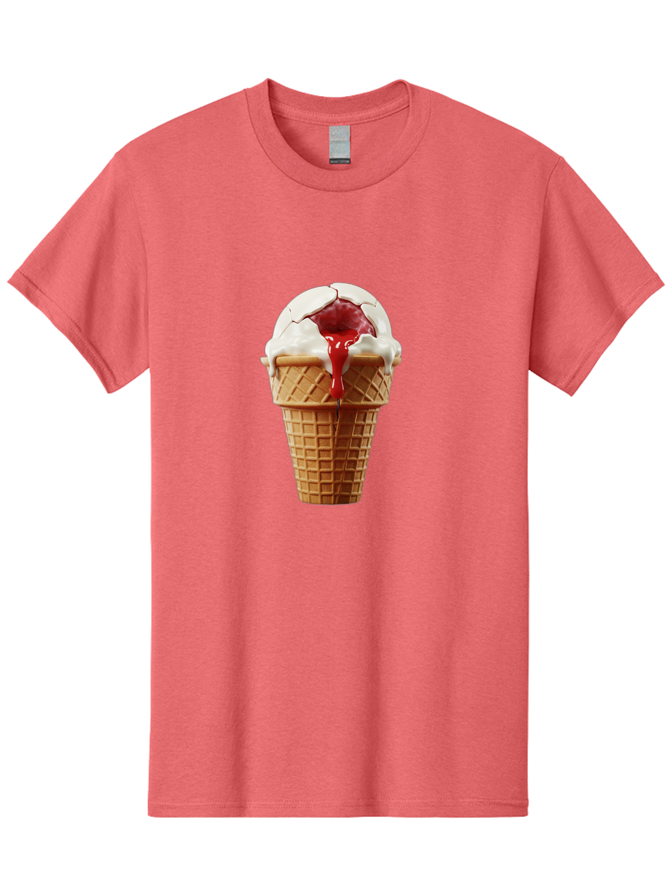 Ice-Cream-Cone-6 Men'S Graphic Tee, 100% Cotton, Comfortable Casual Summer Wear, Machine Washable, Decaying Ice Cream Cone, Cracked Ice Cream, Melting Ice Cream, Red Sauce, White Chocolate, Dessert, Sweet Treats, Yummy, Melting, Dripping, Baa867