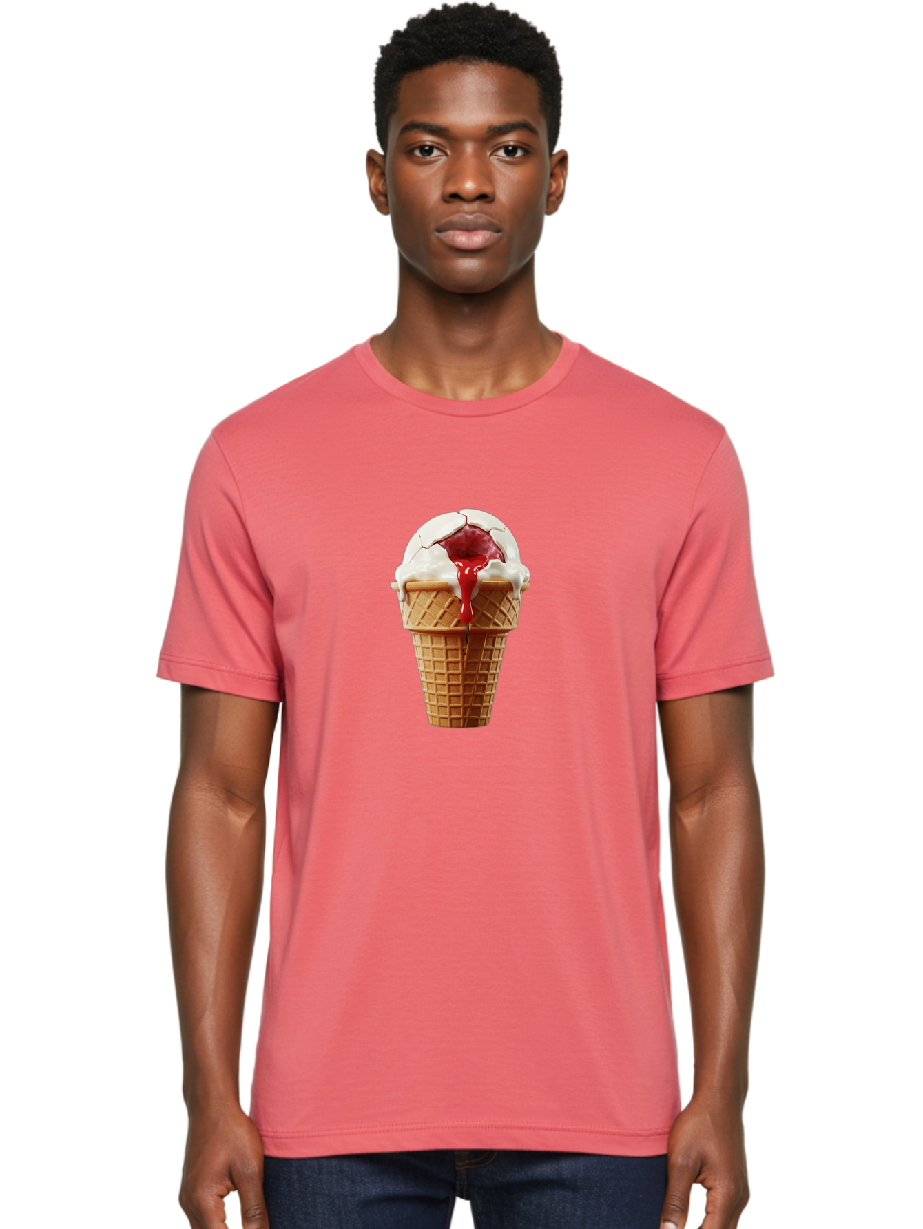 Ice-Cream-Cone-6 Men'S Graphic Tee, 100% Cotton, Comfortable Casual Summer Wear, Machine Washable, Decaying Ice Cream Cone, Cracked Ice Cream, Melting Ice Cream, Red Sauce, White Chocolate, Dessert, Sweet Treats, Yummy, Melting, Dripping, Baa867