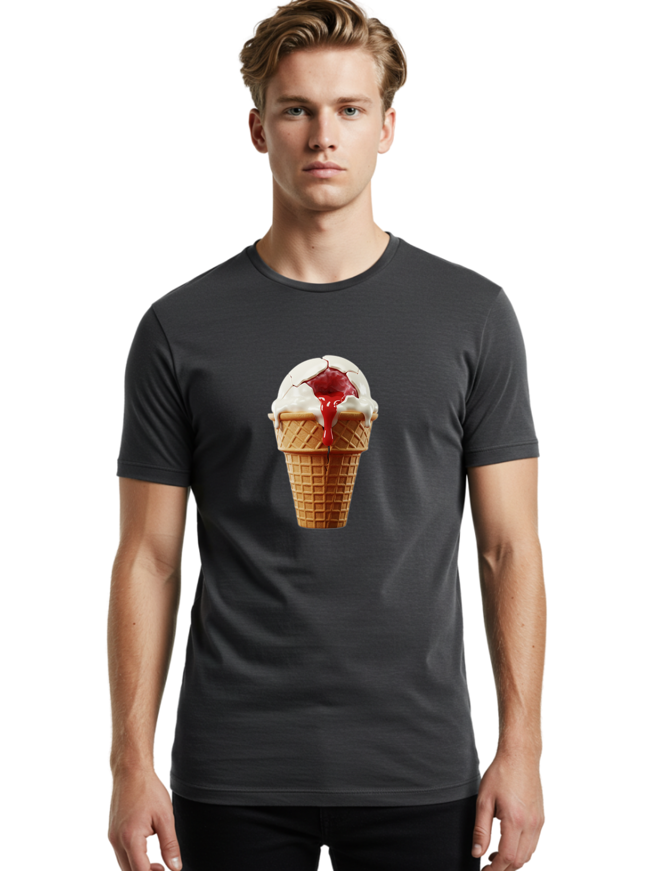 Ice-Cream-Cone-6 Men'S Graphic Tee, 100% Cotton, Comfortable Casual Summer Wear, Machine Washable, Decaying Ice Cream Cone, Cracked Ice Cream, Melting Ice Cream, Red Sauce, White Chocolate, Dessert, Sweet Treats, Yummy, Melting, Dripping, Baa867