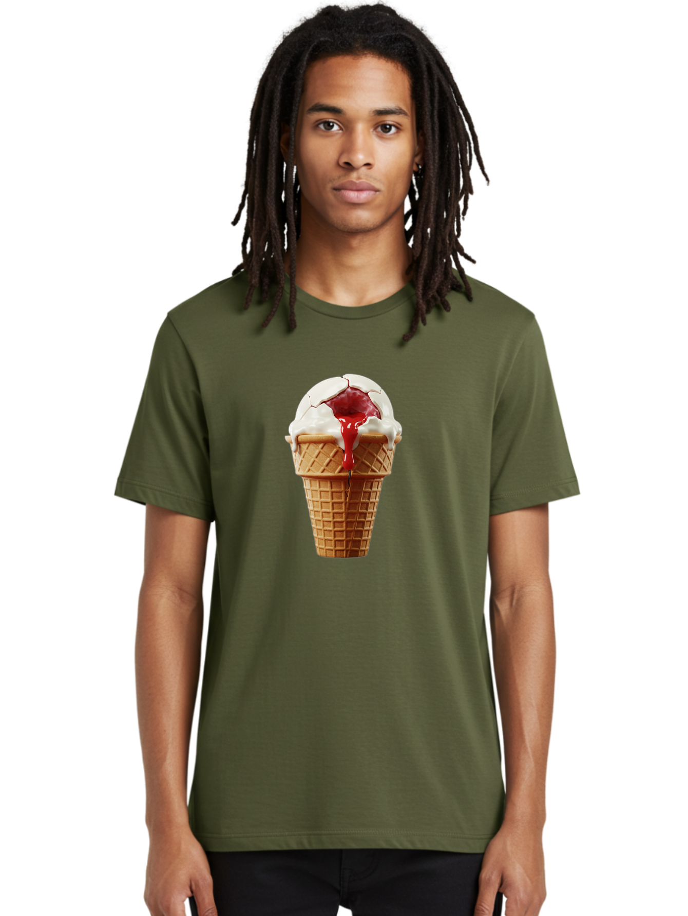 Ice-Cream-Cone-6 Men'S Graphic Tee, 100% Cotton, Comfortable Casual Summer Wear, Machine Washable, Decaying Ice Cream Cone, Cracked Ice Cream, Melting Ice Cream, Red Sauce, White Chocolate, Dessert, Sweet Treats, Yummy, Melting, Dripping, Baa867