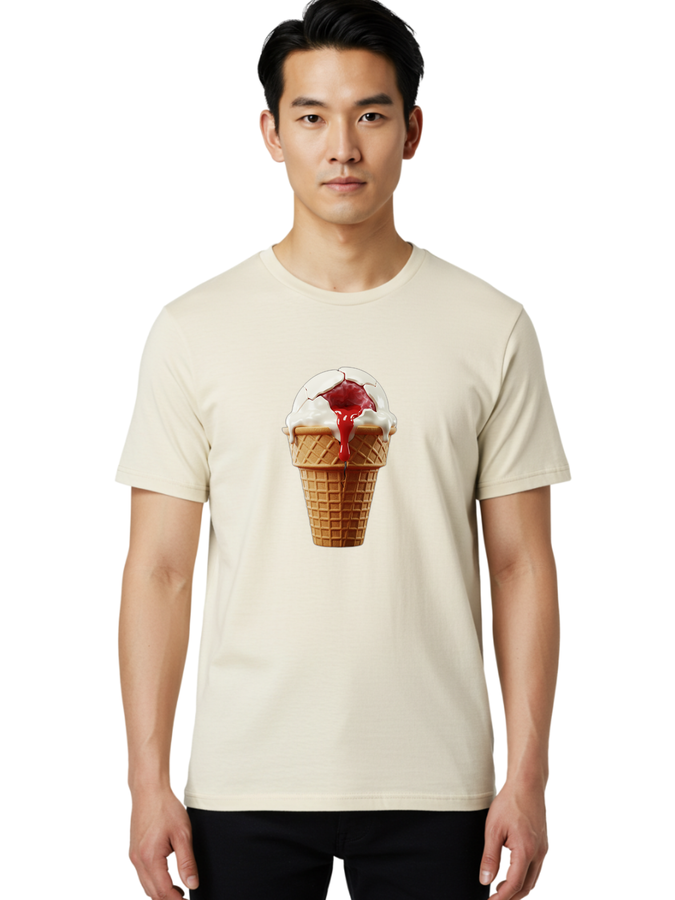 Ice-Cream-Cone-6 Men'S Graphic Tee, 100% Cotton, Comfortable Casual Summer Wear, Machine Washable, Decaying Ice Cream Cone, Cracked Ice Cream, Melting Ice Cream, Red Sauce, White Chocolate, Dessert, Sweet Treats, Yummy, Melting, Dripping, Baa867