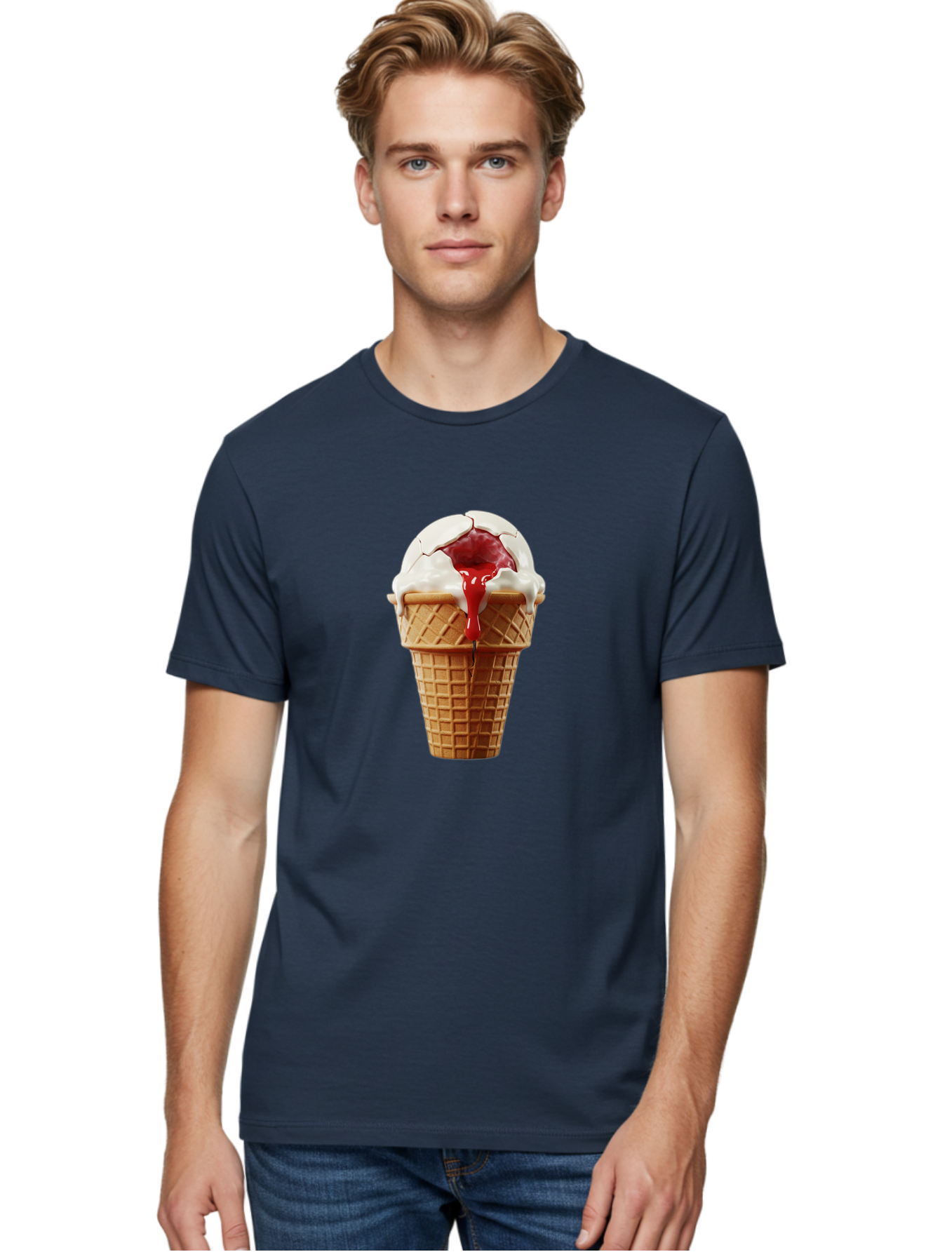Ice-Cream-Cone-6 Men'S Graphic Tee, 100% Cotton, Comfortable Casual Summer Wear, Machine Washable, Decaying Ice Cream Cone, Cracked Ice Cream, Melting Ice Cream, Red Sauce, White Chocolate, Dessert, Sweet Treats, Yummy, Melting, Dripping, Baa867