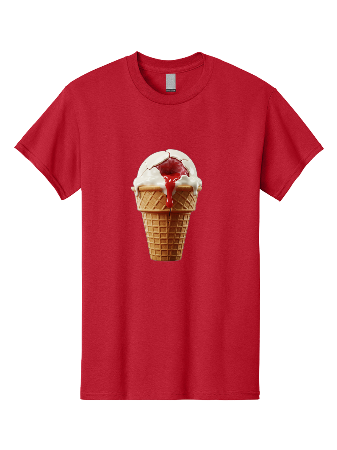 Ice-Cream-Cone-6 Men'S Graphic Tee, 100% Cotton, Comfortable Casual Summer Wear, Machine Washable, Decaying Ice Cream Cone, Cracked Ice Cream, Melting Ice Cream, Red Sauce, White Chocolate, Dessert, Sweet Treats, Yummy, Melting, Dripping, Baa867