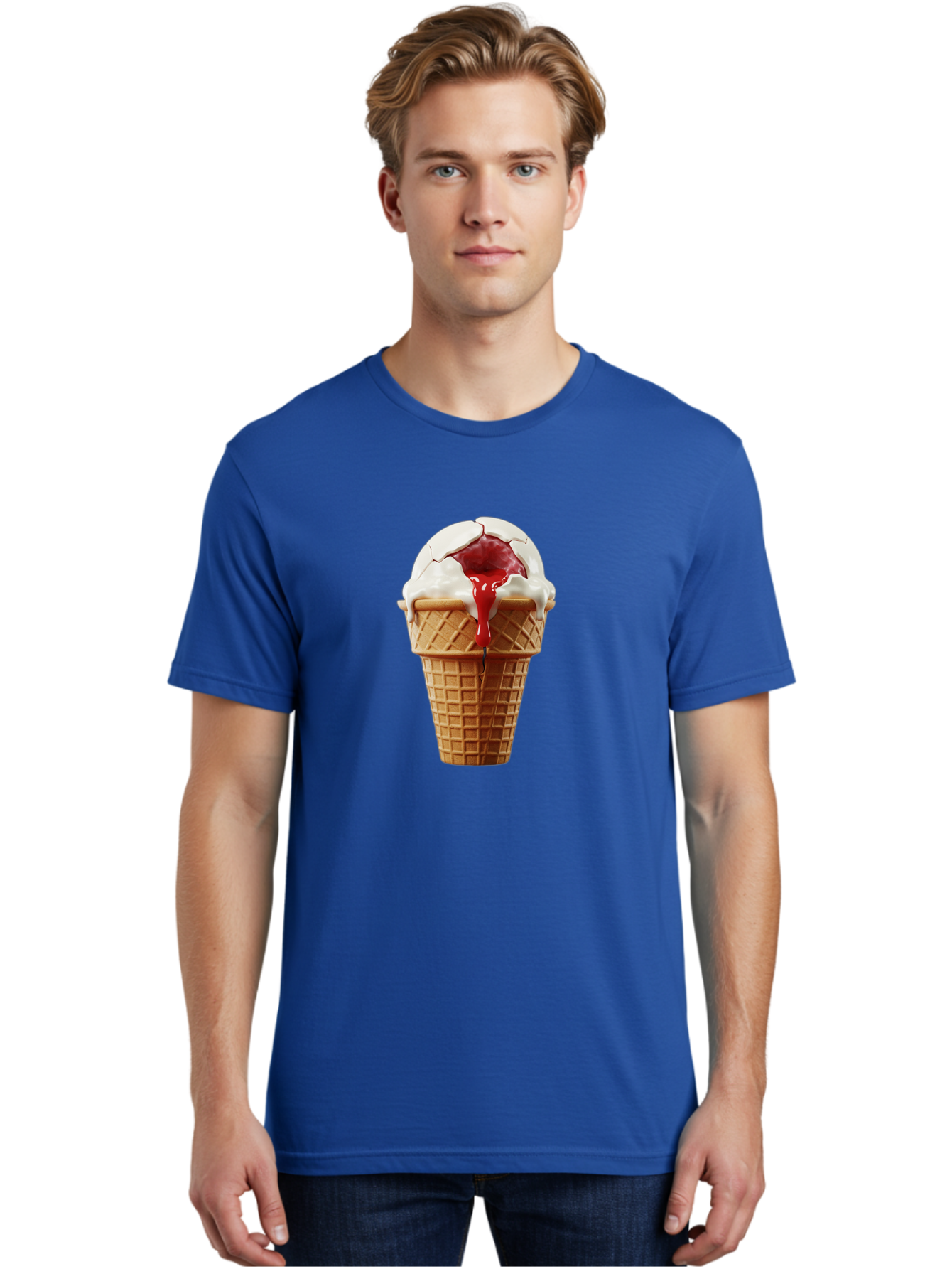 Ice-Cream-Cone-6 Men'S Graphic Tee, 100% Cotton, Comfortable Casual Summer Wear, Machine Washable, Decaying Ice Cream Cone, Cracked Ice Cream, Melting Ice Cream, Red Sauce, White Chocolate, Dessert, Sweet Treats, Yummy, Melting, Dripping, Baa867