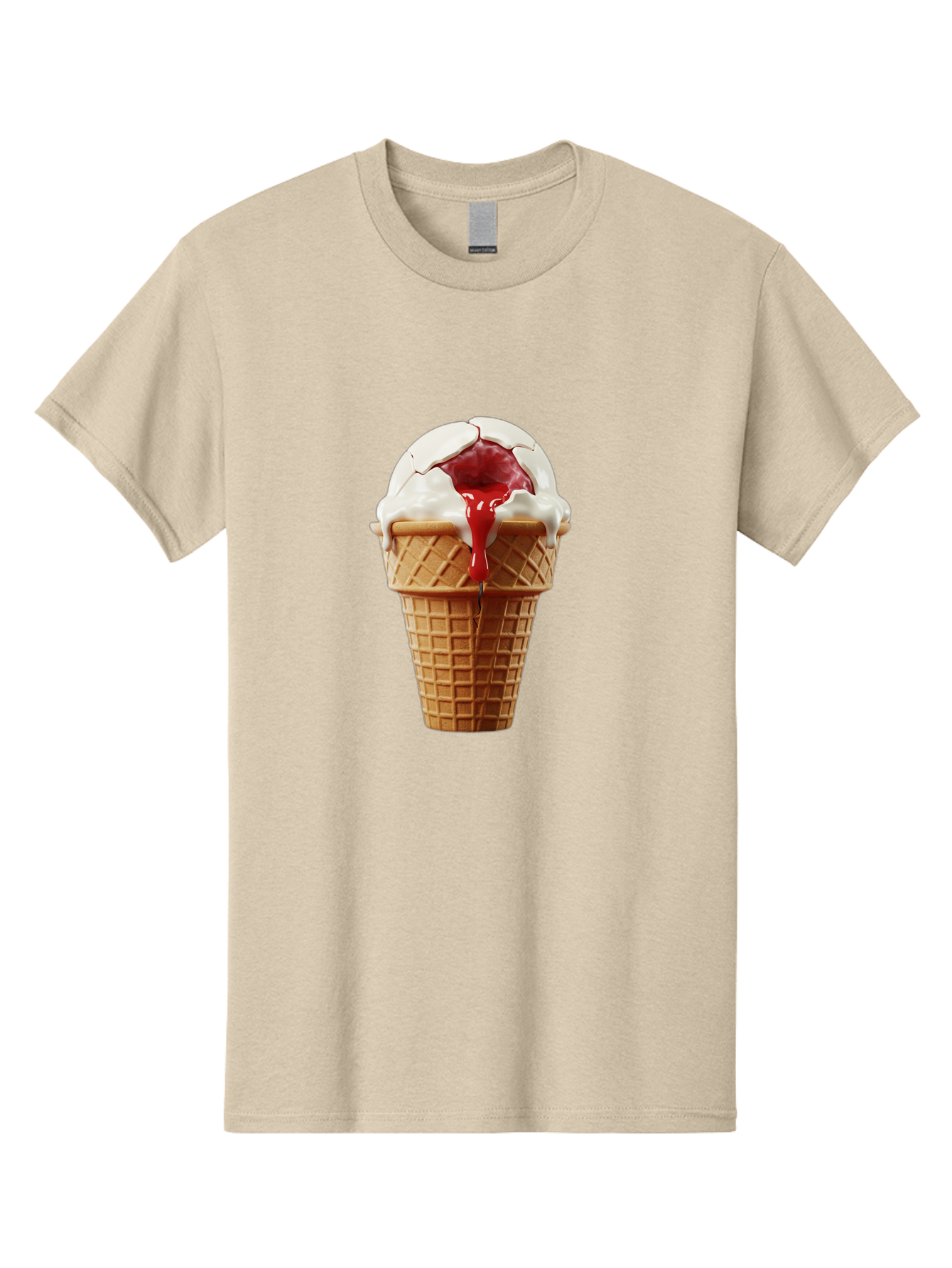 Ice-Cream-Cone-6 Men'S Graphic Tee, 100% Cotton, Comfortable Casual Summer Wear, Machine Washable, Decaying Ice Cream Cone, Cracked Ice Cream, Melting Ice Cream, Red Sauce, White Chocolate, Dessert, Sweet Treats, Yummy, Melting, Dripping, Baa867
