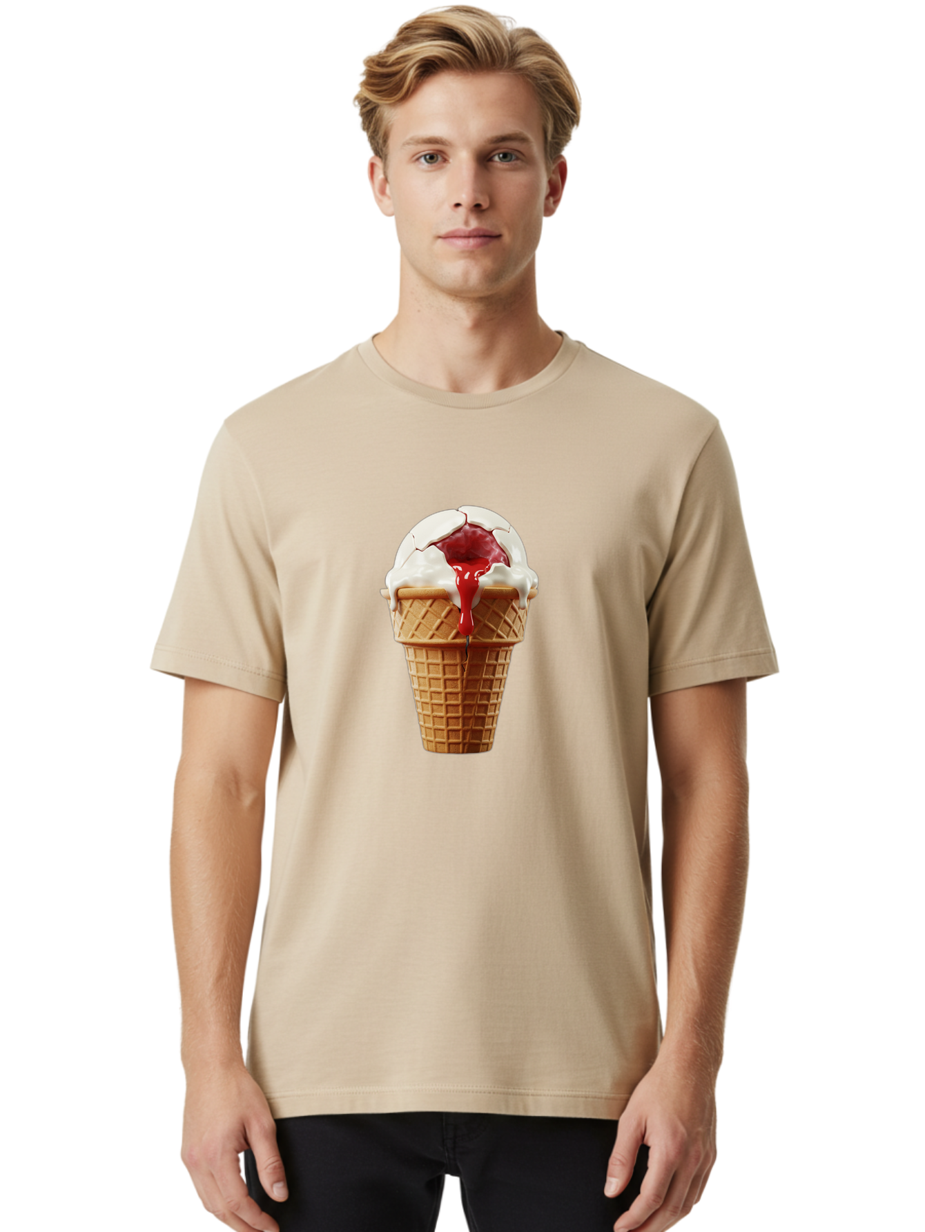 Ice-Cream-Cone-6 Men'S Graphic Tee, 100% Cotton, Comfortable Casual Summer Wear, Machine Washable, Decaying Ice Cream Cone, Cracked Ice Cream, Melting Ice Cream, Red Sauce, White Chocolate, Dessert, Sweet Treats, Yummy, Melting, Dripping, Baa867