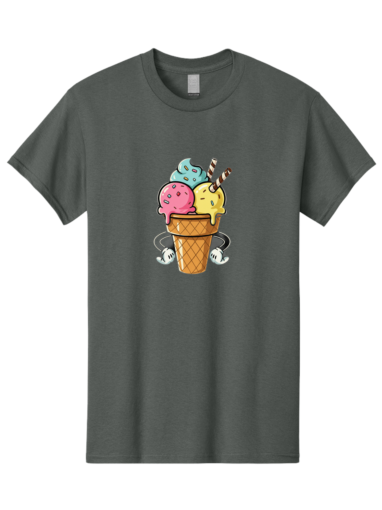 Ice-Cream-Cone-9 Men'S Graphic Tee, 100% Cotton, Comfortable Casual Summer Wear, Machine Washable, Three Scoops Ice Cream, Colorful Dessert, Melting Ice Cream, Sprinkles, Waffle Cone, Striped Straw, Cartoon Character, Fun And Playful, Baa870