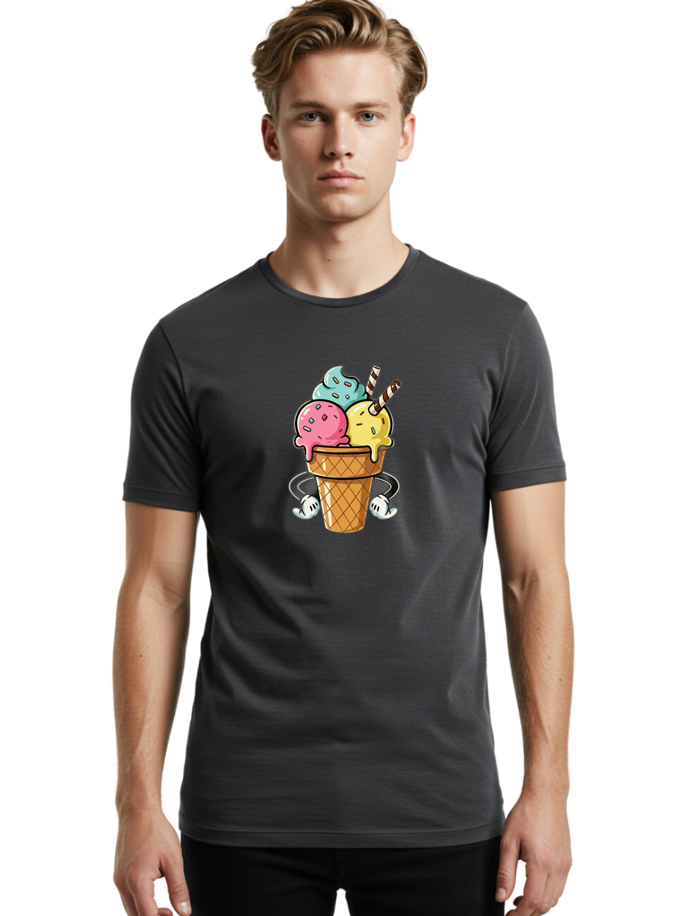 Ice-Cream-Cone-9 Men'S Graphic Tee, 100% Cotton, Comfortable Casual Summer Wear, Machine Washable, Three Scoops Ice Cream, Colorful Dessert, Melting Ice Cream, Sprinkles, Waffle Cone, Striped Straw, Cartoon Character, Fun And Playful, Baa870