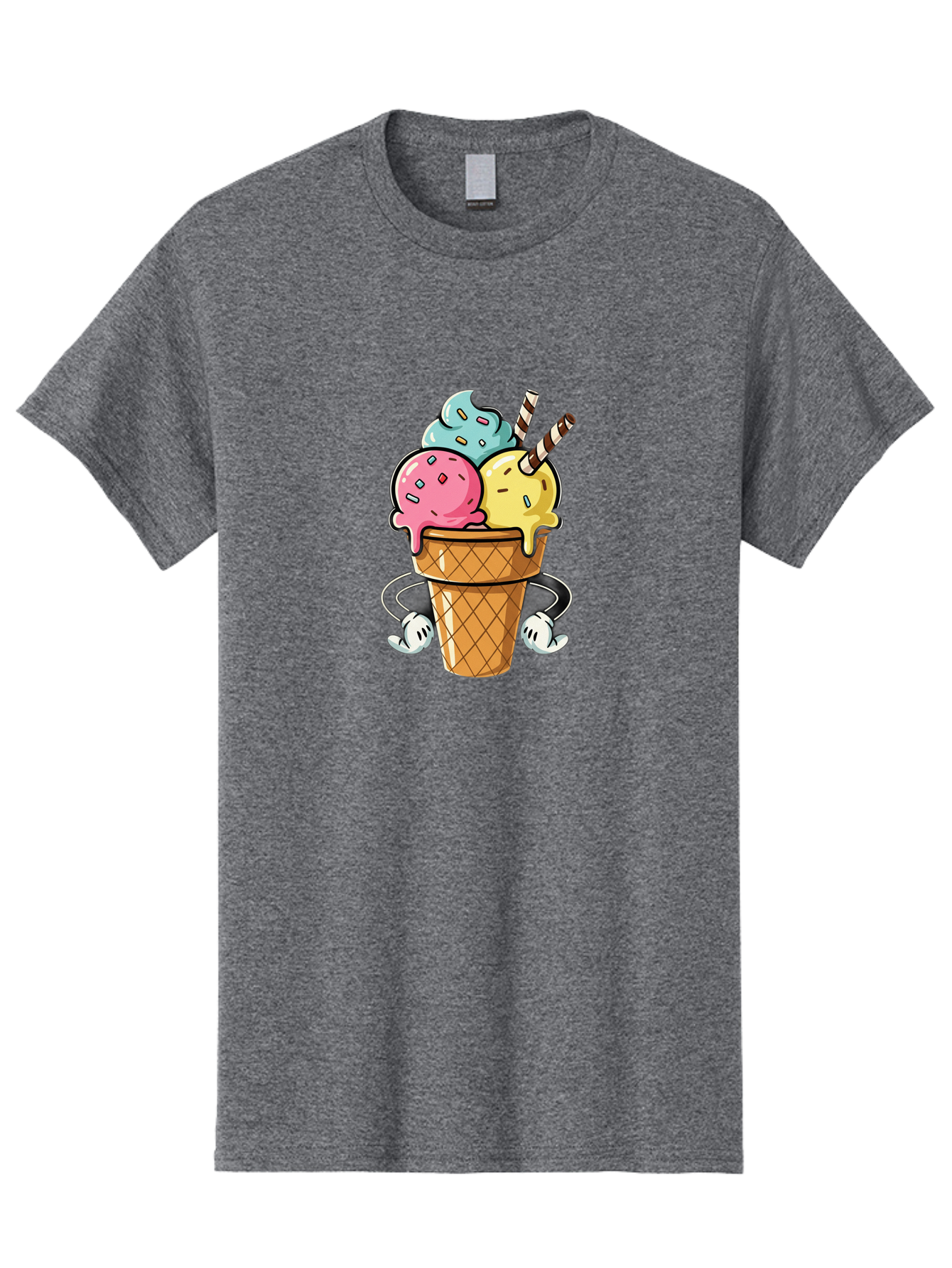 Ice-Cream-Cone-9 Men'S Graphic Tee, 100% Cotton, Comfortable Casual Summer Wear, Machine Washable, Three Scoops Ice Cream, Colorful Dessert, Melting Ice Cream, Sprinkles, Waffle Cone, Striped Straw, Cartoon Character, Fun And Playful, Baa870