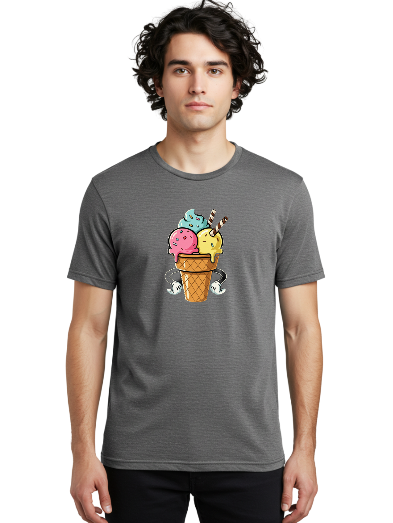 Ice-Cream-Cone-9 Men'S Graphic Tee, 100% Cotton, Comfortable Casual Summer Wear, Machine Washable, Three Scoops Ice Cream, Colorful Dessert, Melting Ice Cream, Sprinkles, Waffle Cone, Striped Straw, Cartoon Character, Fun And Playful, Baa870