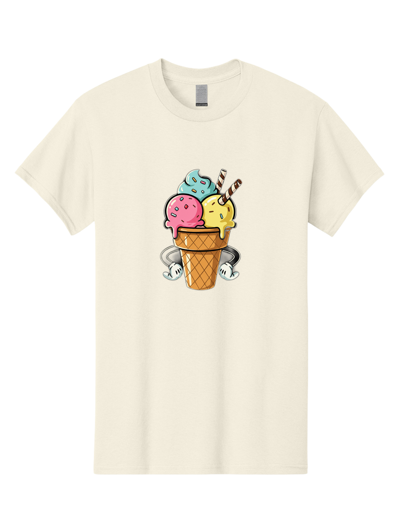 Ice-Cream-Cone-9 Men'S Graphic Tee, 100% Cotton, Comfortable Casual Summer Wear, Machine Washable, Three Scoops Ice Cream, Colorful Dessert, Melting Ice Cream, Sprinkles, Waffle Cone, Striped Straw, Cartoon Character, Fun And Playful, Baa870