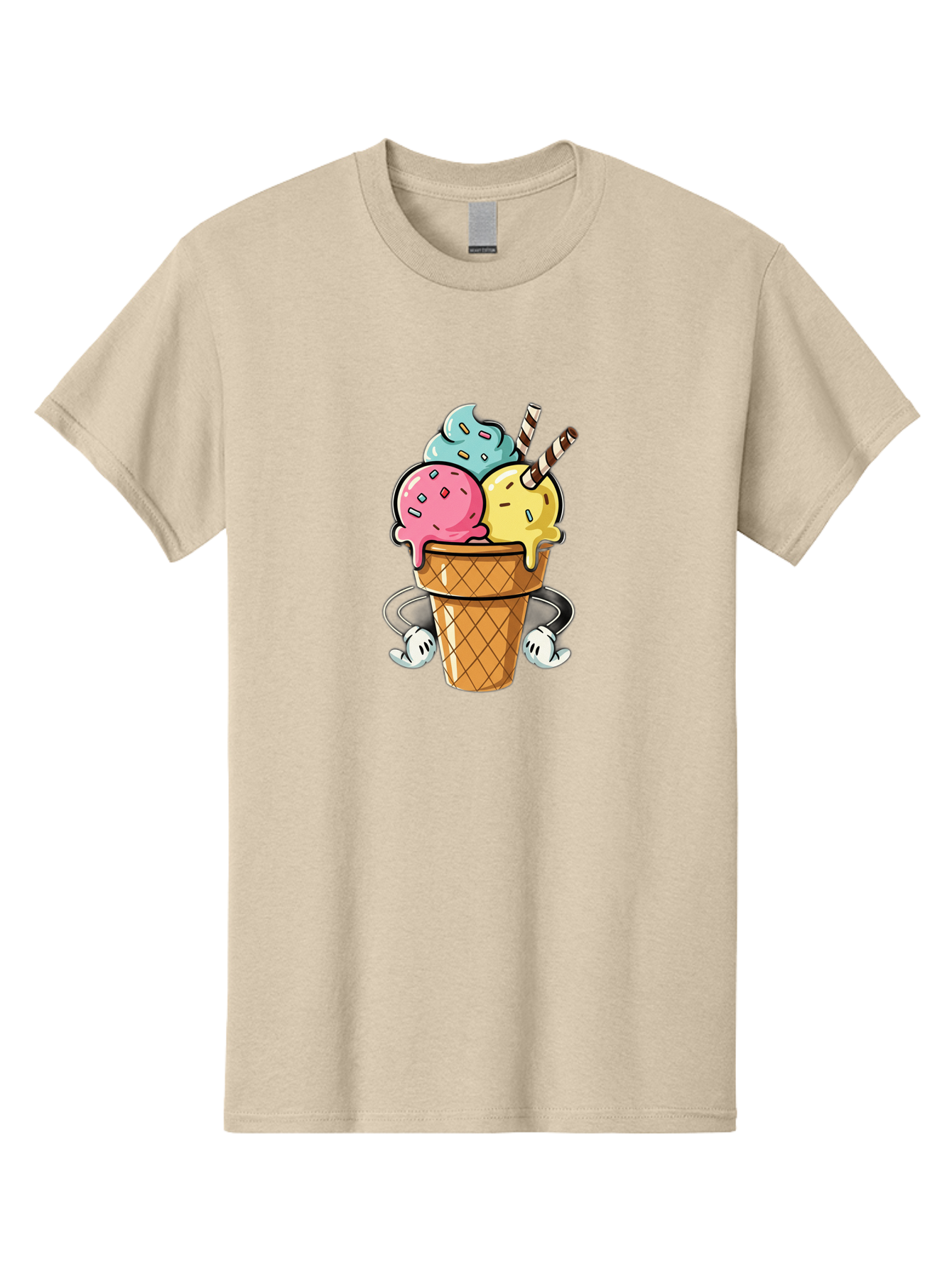 Ice-Cream-Cone-9 Men'S Graphic Tee, 100% Cotton, Comfortable Casual Summer Wear, Machine Washable, Three Scoops Ice Cream, Colorful Dessert, Melting Ice Cream, Sprinkles, Waffle Cone, Striped Straw, Cartoon Character, Fun And Playful, Baa870
