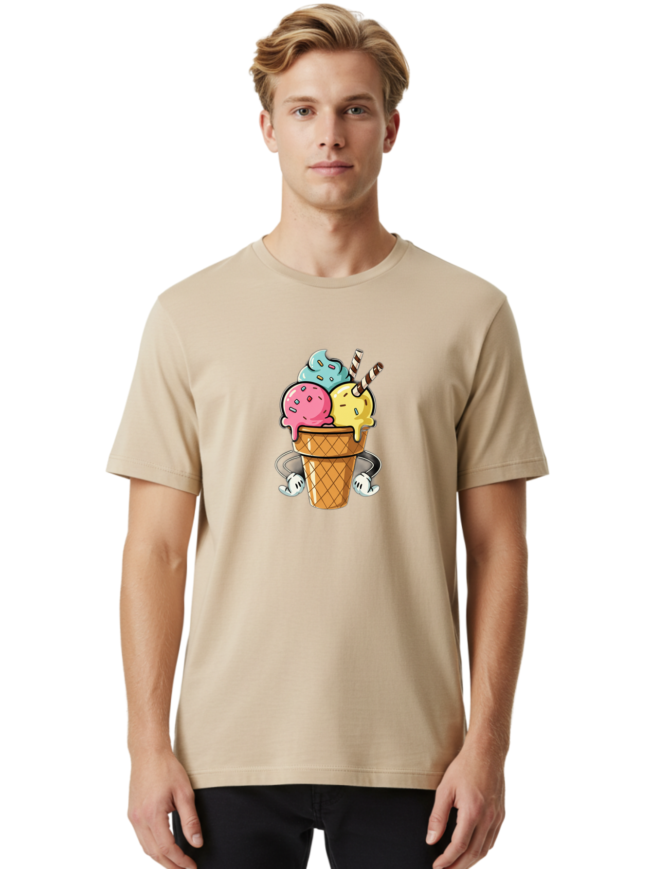 Ice-Cream-Cone-9 Men'S Graphic Tee, 100% Cotton, Comfortable Casual Summer Wear, Machine Washable, Three Scoops Ice Cream, Colorful Dessert, Melting Ice Cream, Sprinkles, Waffle Cone, Striped Straw, Cartoon Character, Fun And Playful, Baa870