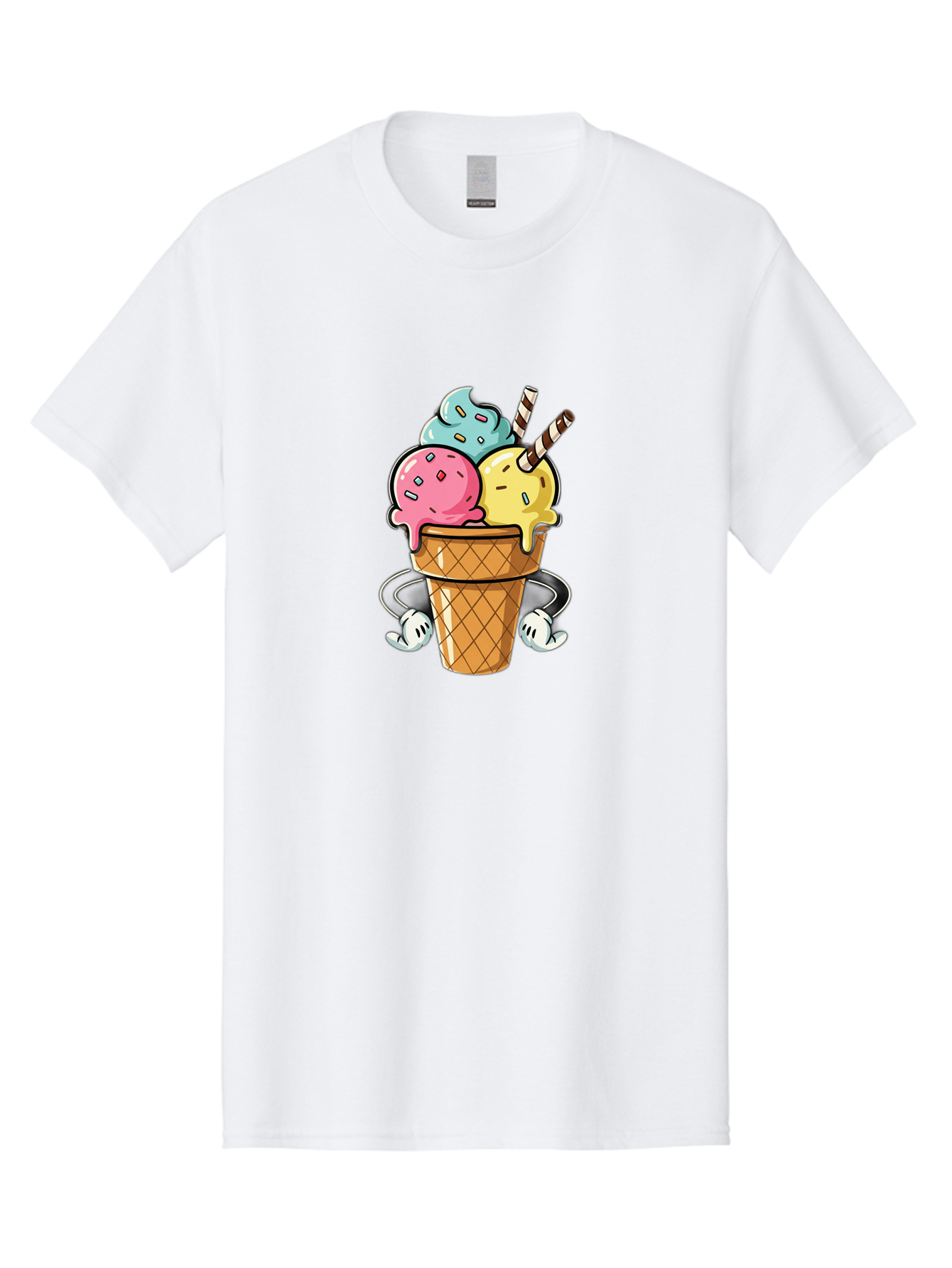 Ice-Cream-Cone-9 Men'S Graphic Tee, 100% Cotton, Comfortable Casual Summer Wear, Machine Washable, Three Scoops Ice Cream, Colorful Dessert, Melting Ice Cream, Sprinkles, Waffle Cone, Striped Straw, Cartoon Character, Fun And Playful, Baa870