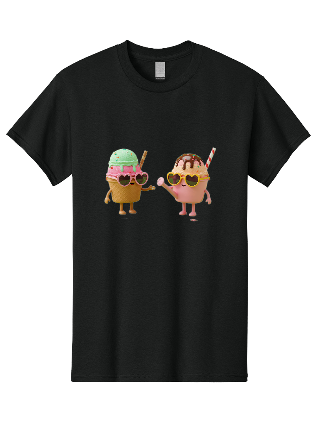 Ice-Cream-Cone-And-Cup Men'S Graphic Tee, 100% Cotton, Comfortable Casual Summer Wear, Machine Washable, Ice Cream Cone Character, Ice Cream Bowl Character, Heart-Shaped Sunglasses, Pastel Colors, Fun Illustration, Sweet Treats, Baa871