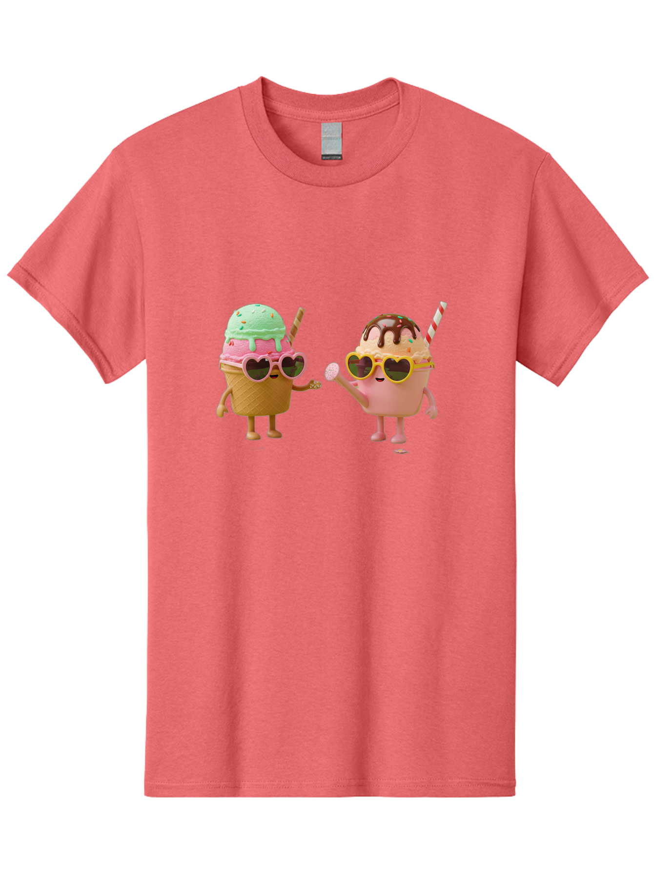 Ice-Cream-Cone-And-Cup Men'S Graphic Tee, 100% Cotton, Comfortable Casual Summer Wear, Machine Washable, Ice Cream Cone Character, Ice Cream Bowl Character, Heart-Shaped Sunglasses, Pastel Colors, Fun Illustration, Sweet Treats, Baa871