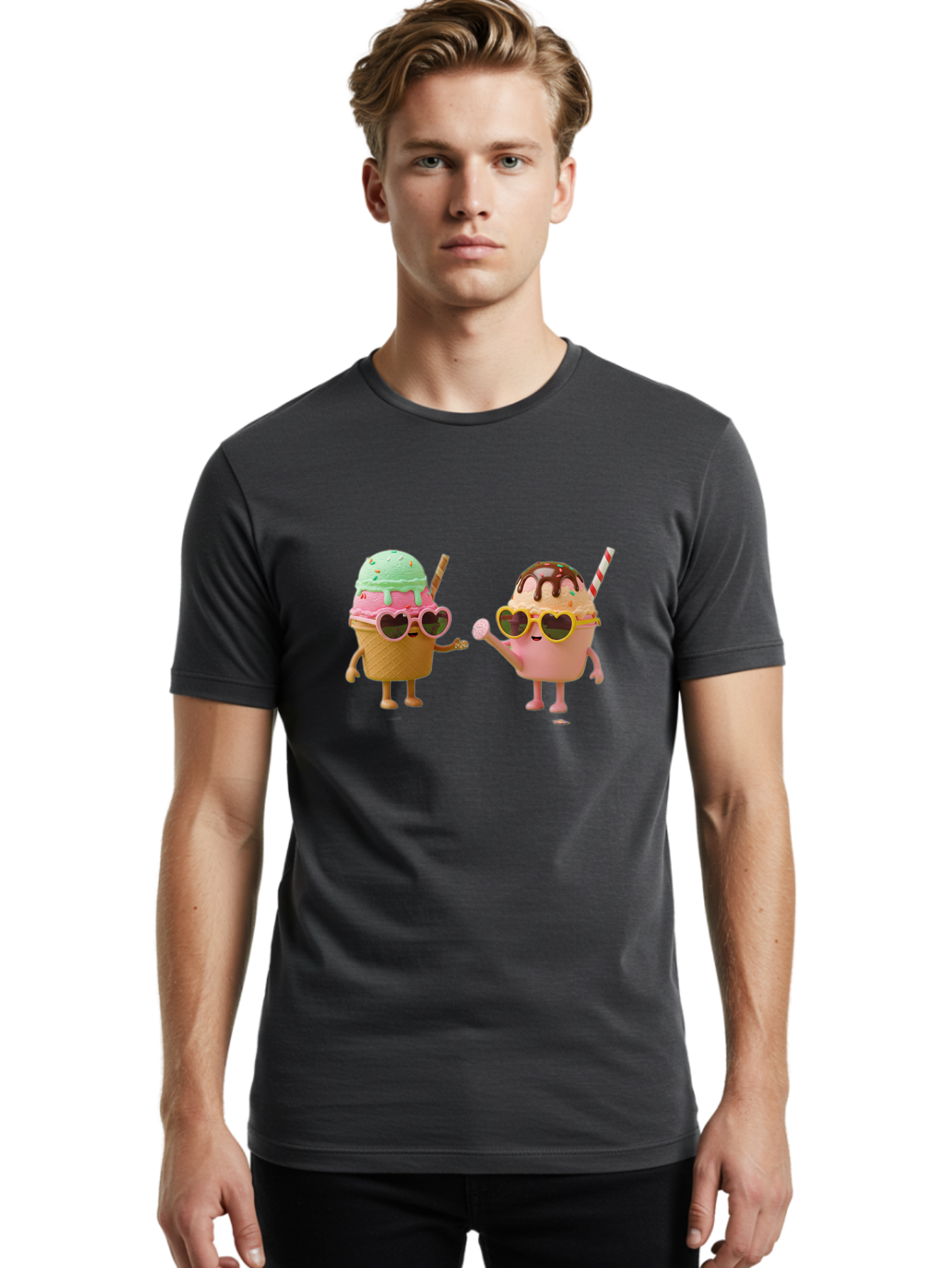 Ice-Cream-Cone-And-Cup Men'S Graphic Tee, 100% Cotton, Comfortable Casual Summer Wear, Machine Washable, Ice Cream Cone Character, Ice Cream Bowl Character, Heart-Shaped Sunglasses, Pastel Colors, Fun Illustration, Sweet Treats, Baa871