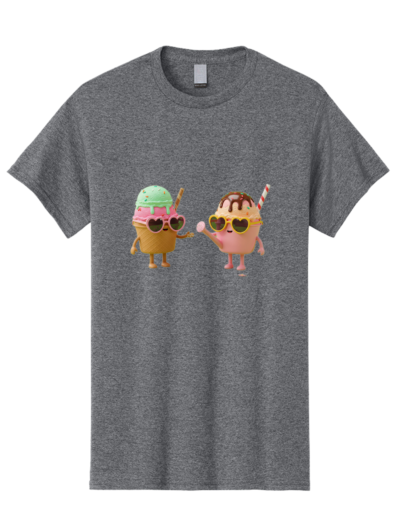 Ice-Cream-Cone-And-Cup Men'S Graphic Tee, 100% Cotton, Comfortable Casual Summer Wear, Machine Washable, Ice Cream Cone Character, Ice Cream Bowl Character, Heart-Shaped Sunglasses, Pastel Colors, Fun Illustration, Sweet Treats, Baa871