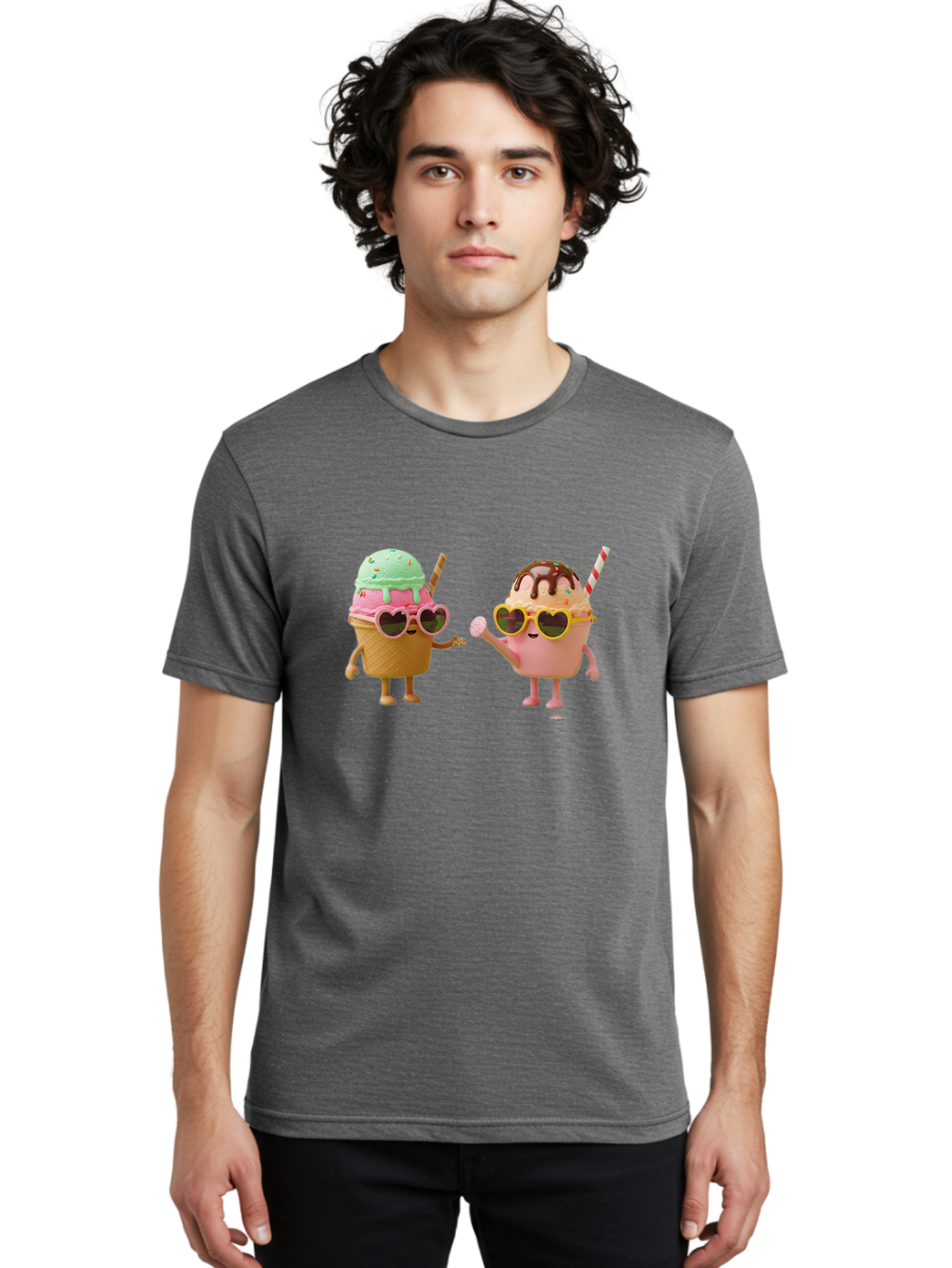 Ice-Cream-Cone-And-Cup Men'S Graphic Tee, 100% Cotton, Comfortable Casual Summer Wear, Machine Washable, Ice Cream Cone Character, Ice Cream Bowl Character, Heart-Shaped Sunglasses, Pastel Colors, Fun Illustration, Sweet Treats, Baa871