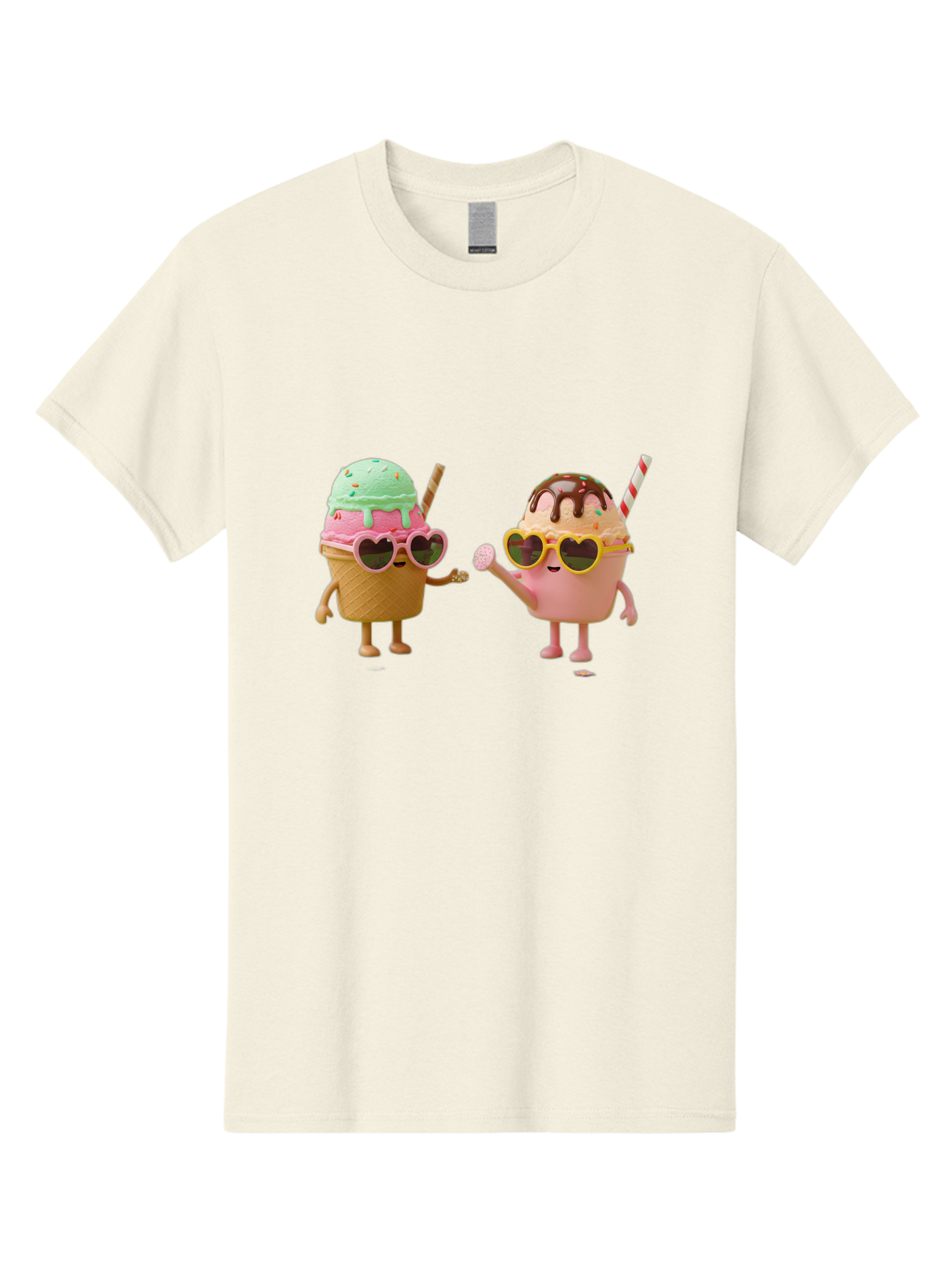 Ice-Cream-Cone-And-Cup Men'S Graphic Tee, 100% Cotton, Comfortable Casual Summer Wear, Machine Washable, Ice Cream Cone Character, Ice Cream Bowl Character, Heart-Shaped Sunglasses, Pastel Colors, Fun Illustration, Sweet Treats, Baa871