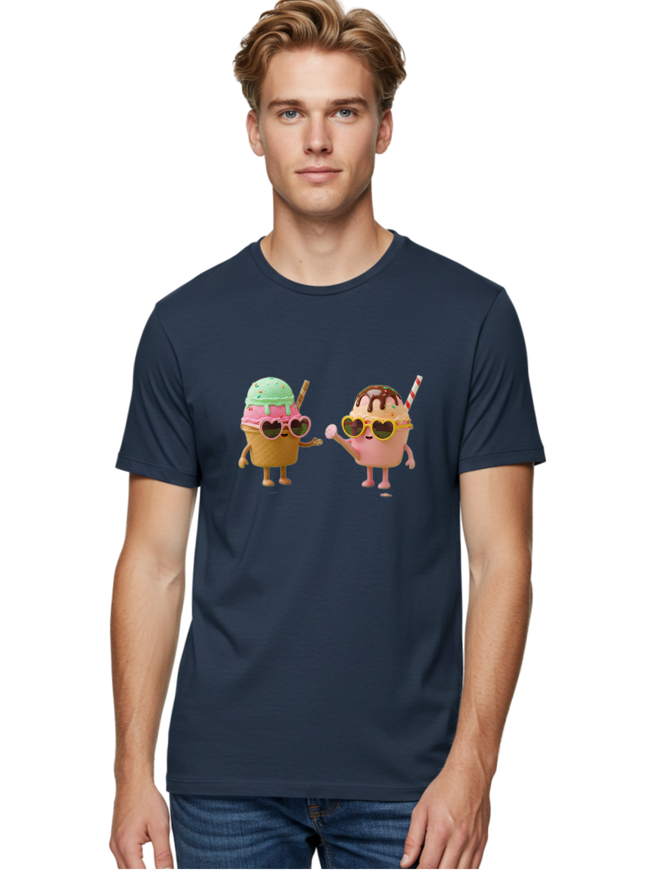 Ice-Cream-Cone-And-Cup Men'S Graphic Tee, 100% Cotton, Comfortable Casual Summer Wear, Machine Washable, Ice Cream Cone Character, Ice Cream Bowl Character, Heart-Shaped Sunglasses, Pastel Colors, Fun Illustration, Sweet Treats, Baa871