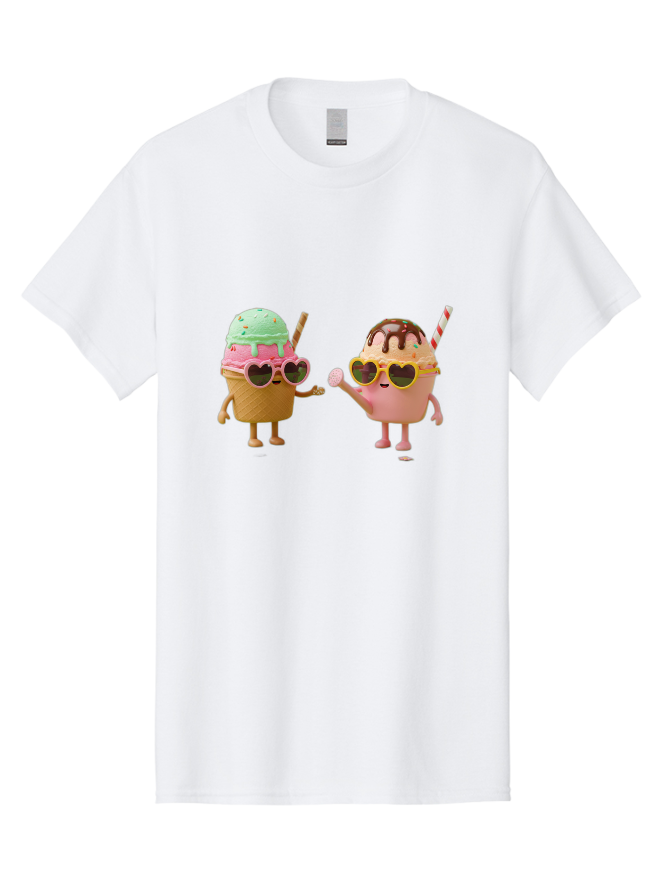 Ice-Cream-Cone-And-Cup Men'S Graphic Tee, 100% Cotton, Comfortable Casual Summer Wear, Machine Washable, Ice Cream Cone Character, Ice Cream Bowl Character, Heart-Shaped Sunglasses, Pastel Colors, Fun Illustration, Sweet Treats, Baa871