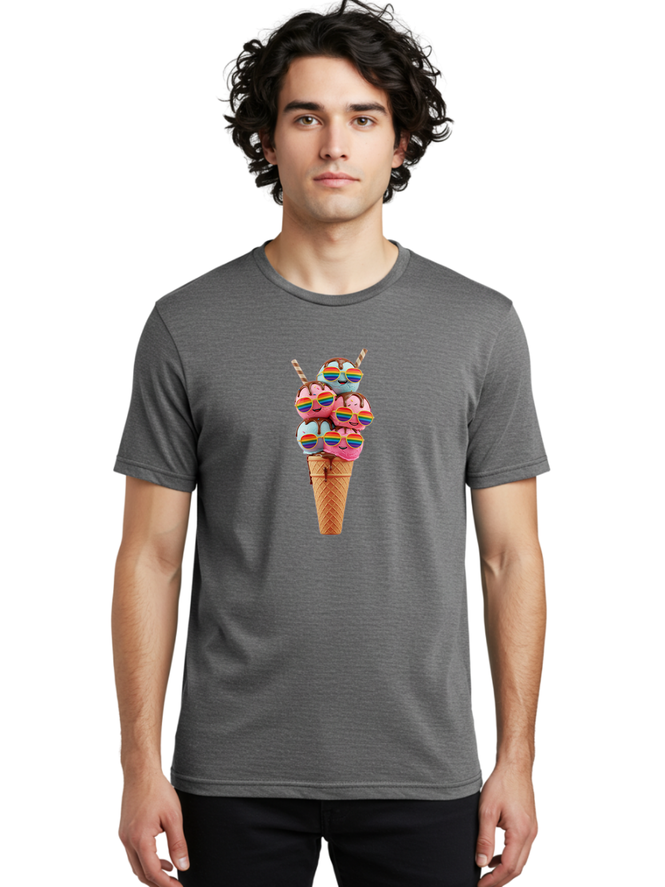 Ice-Cream-Cone-Babies Men'S Graphic Tee, 100% Cotton, Comfortable Casual Summer Wear, Machine Washable, Ice Cream Cone, Smiley Faces, Rainbow Sunglasses, Colorful Treats, Sweet Delights, Fun Desserts, Playful Theme, Happy Vibes Baa872