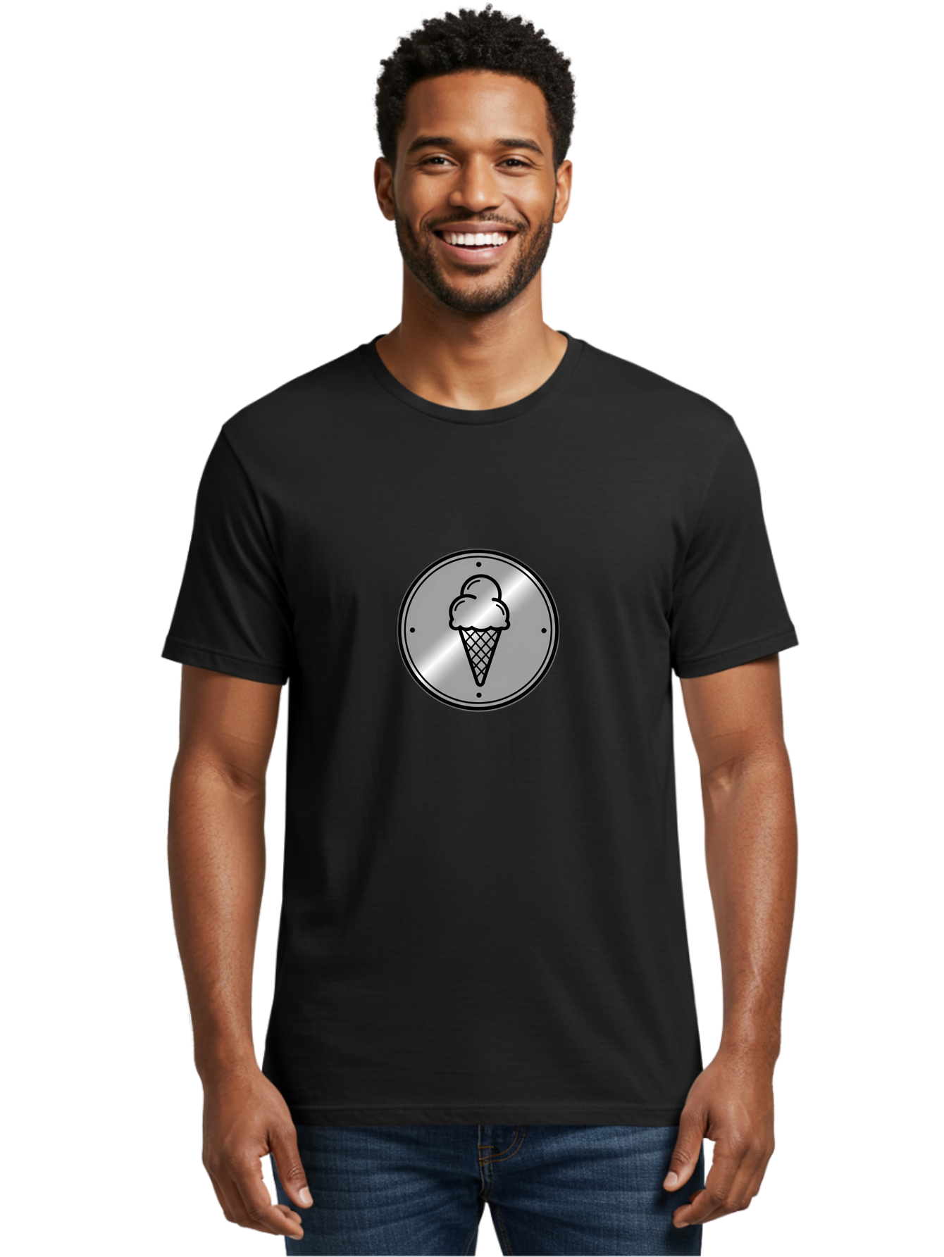 Ice-Cream-Cone-Icon Men'S Graphic Tee, 100% Cotton, Comfortable Casual Summer Wear, Machine Washable, Ice Cream Cone, Sweet Treat, Dessert Icon, Frozen Yogurt, Creamy Texture, Black Outline, Silver Badge, Modern Design, Simple Illustration Baa873