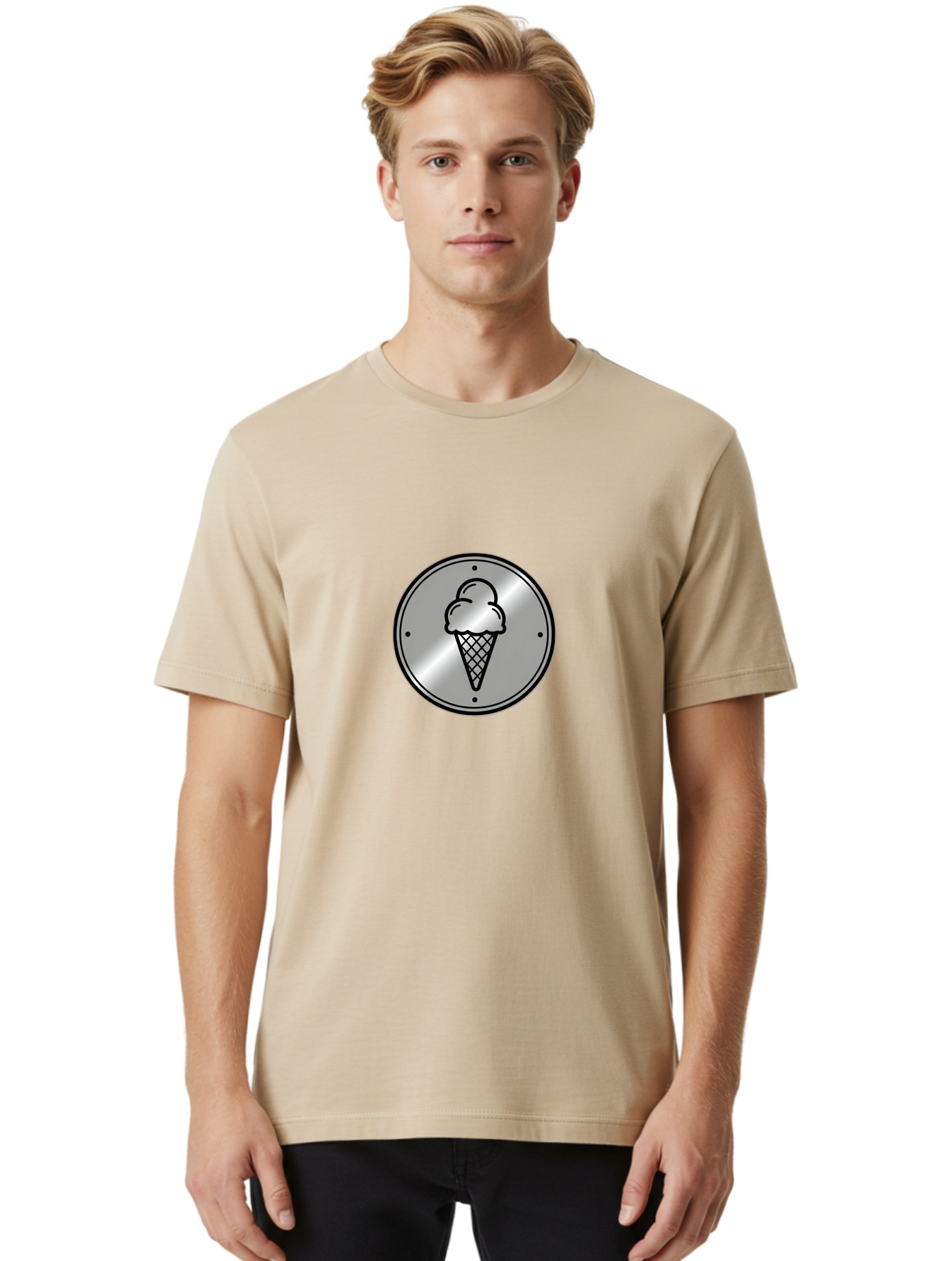 Ice-Cream-Cone-Icon Men'S Graphic Tee, 100% Cotton, Comfortable Casual Summer Wear, Machine Washable, Ice Cream Cone, Sweet Treat, Dessert Icon, Frozen Yogurt, Creamy Texture, Black Outline, Silver Badge, Modern Design, Simple Illustration Baa873