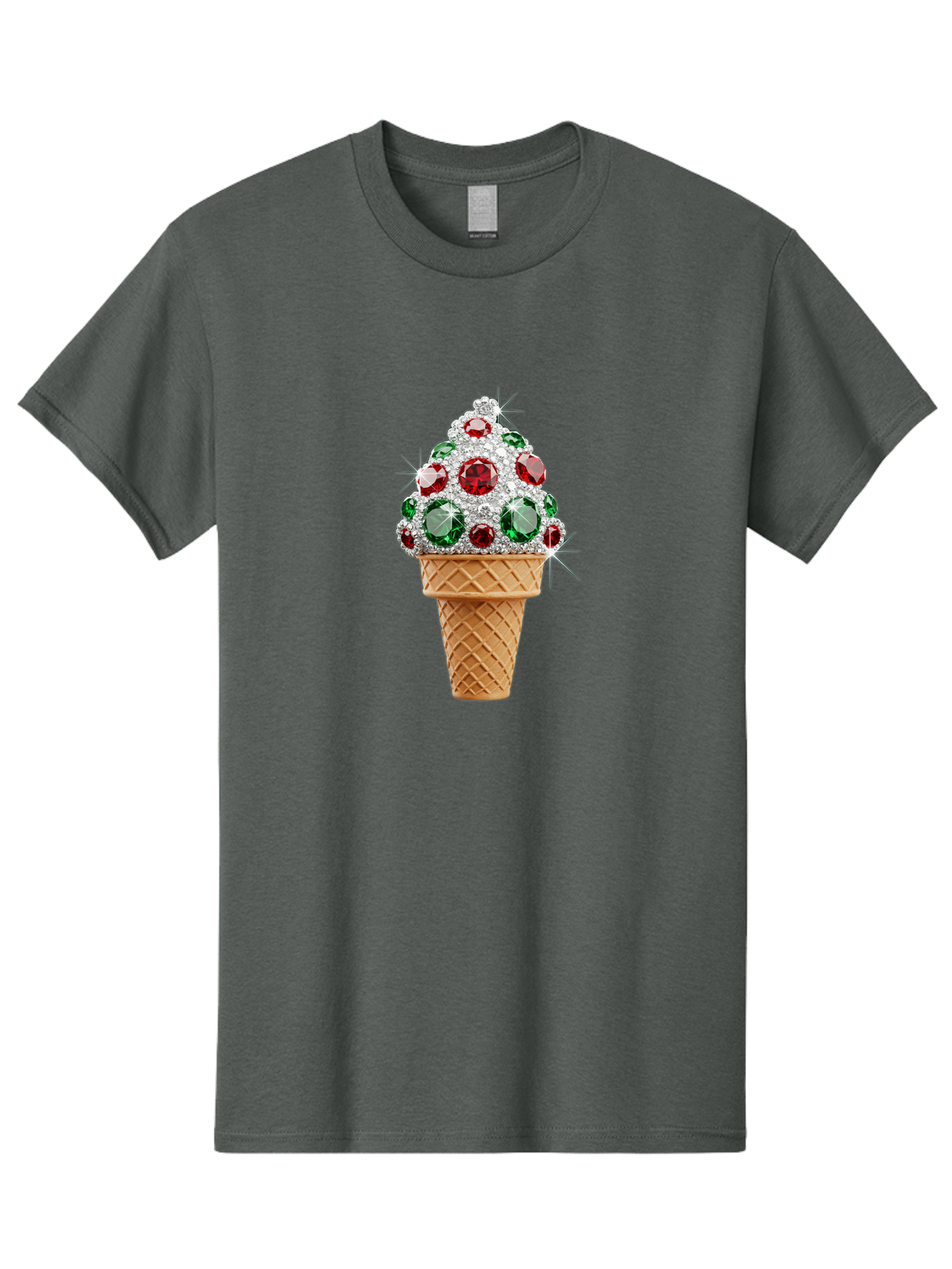 Ice-Cream-Cone-With-Jewels Men'S Graphic Tee, 100% Cotton, Comfortable Casual Summer Wear, Machine Washable, Ice Cream Cone, Diamond Encrusted, Precious Gems, Red And Green Jewels, Luxurious Dessert, Sweet Treat, Diamond Ice Cream, Baa874