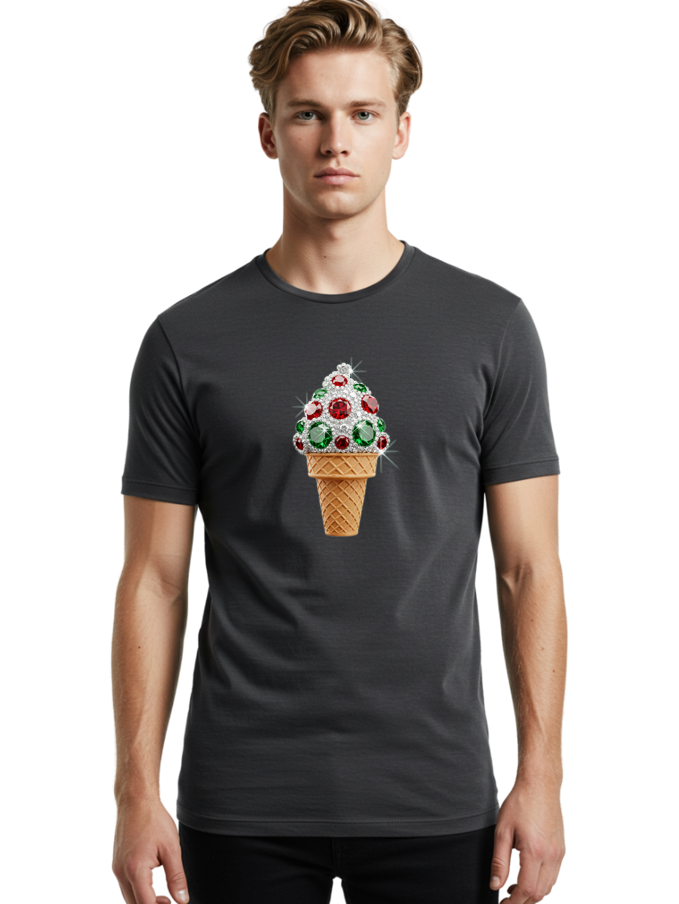 Ice-Cream-Cone-With-Jewels Men'S Graphic Tee, 100% Cotton, Comfortable Casual Summer Wear, Machine Washable, Ice Cream Cone, Diamond Encrusted, Precious Gems, Red And Green Jewels, Luxurious Dessert, Sweet Treat, Diamond Ice Cream, Baa874