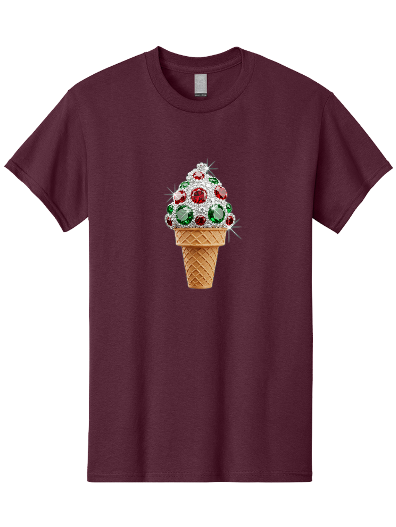 Ice-Cream-Cone-With-Jewels Men'S Graphic Tee, 100% Cotton, Comfortable Casual Summer Wear, Machine Washable, Ice Cream Cone, Diamond Encrusted, Precious Gems, Red And Green Jewels, Luxurious Dessert, Sweet Treat, Diamond Ice Cream, Baa874