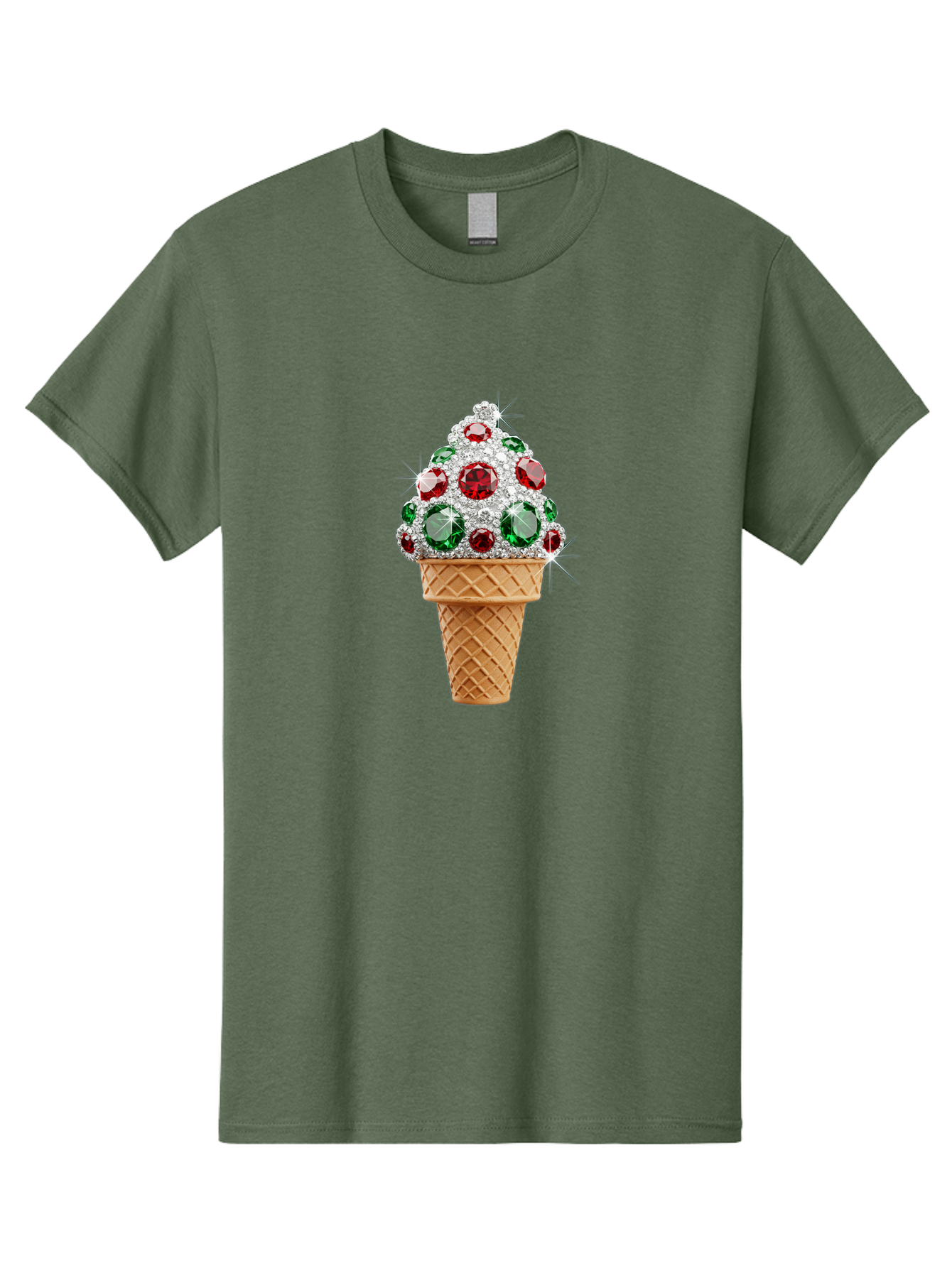 Ice-Cream-Cone-With-Jewels Men'S Graphic Tee, 100% Cotton, Comfortable Casual Summer Wear, Machine Washable, Ice Cream Cone, Diamond Encrusted, Precious Gems, Red And Green Jewels, Luxurious Dessert, Sweet Treat, Diamond Ice Cream, Baa874