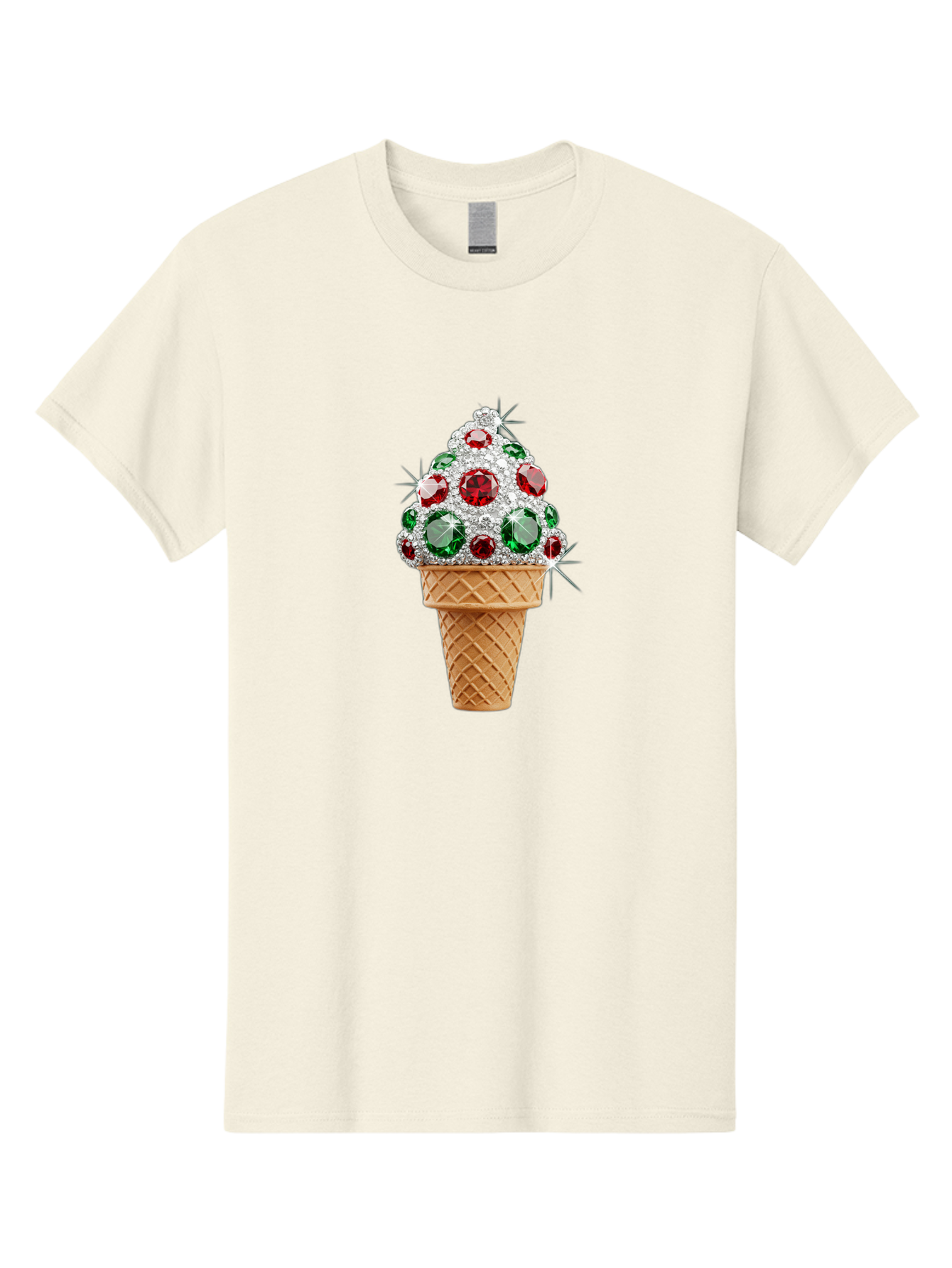 Ice-Cream-Cone-With-Jewels Men'S Graphic Tee, 100% Cotton, Comfortable Casual Summer Wear, Machine Washable, Ice Cream Cone, Diamond Encrusted, Precious Gems, Red And Green Jewels, Luxurious Dessert, Sweet Treat, Diamond Ice Cream, Baa874