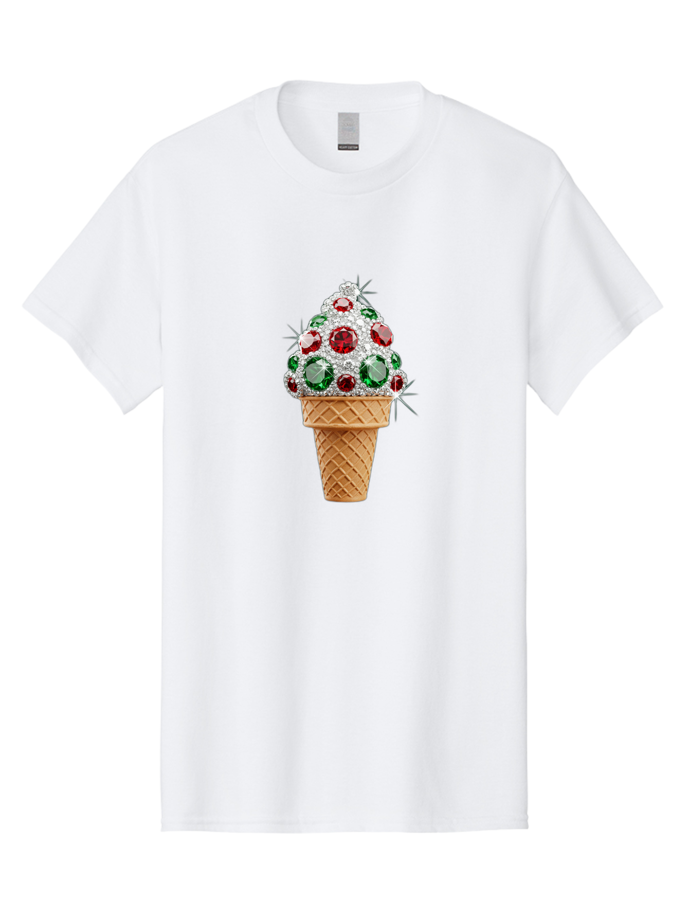 Ice-Cream-Cone-With-Jewels Men'S Graphic Tee, 100% Cotton, Comfortable Casual Summer Wear, Machine Washable, Ice Cream Cone, Diamond Encrusted, Precious Gems, Red And Green Jewels, Luxurious Dessert, Sweet Treat, Diamond Ice Cream, Baa874