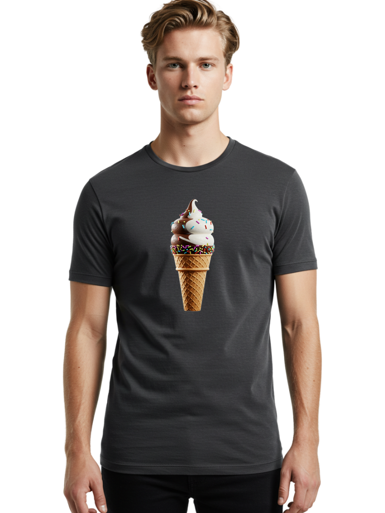 Ice-Cream-Cone Men'S Graphic Tee, 100% Cotton, Comfortable Casual Summer Wear, Machine Washable, Ice Cream Cone, Chocolate And Vanilla Swirl, Rainbow Sprinkles, Sweet Treat, Dessert Delight, Colorful Ice Cream, Tasty Cone, Fun Dessert, Baa875